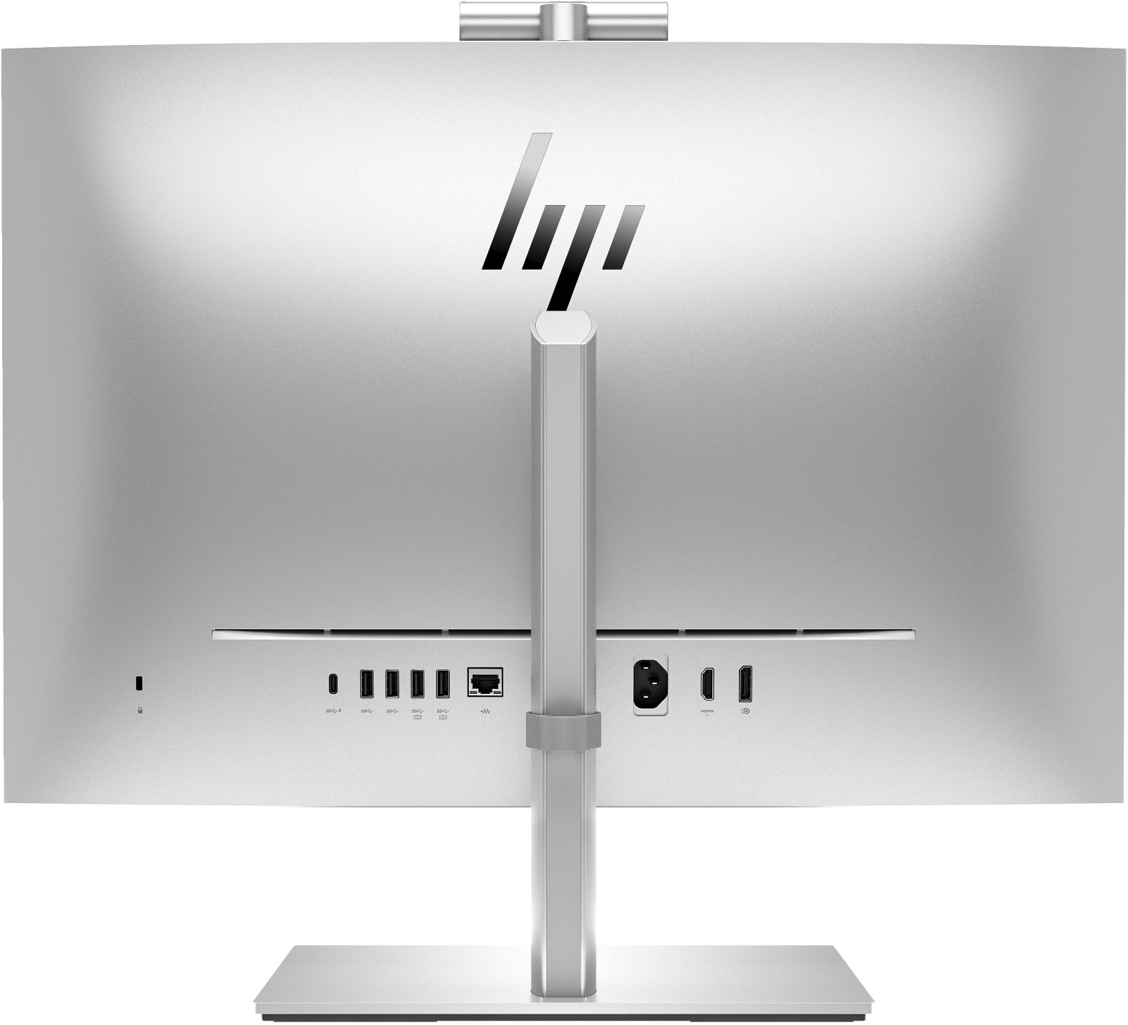Widok z tyłu srebrnego monitora komputerowego HP z portami i podstawką. Logo HP jest widoczne.
