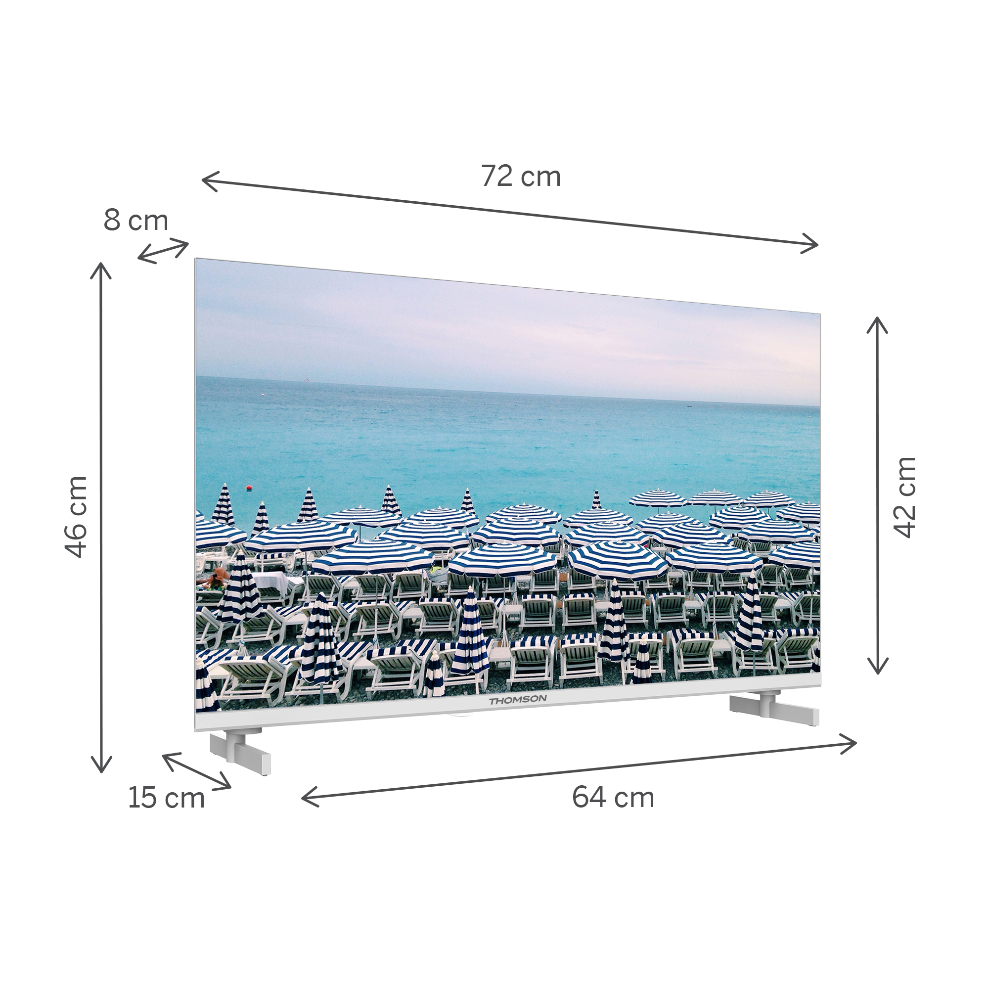 Ein Fernsehbildschirm mit einer Strandszene mit Sonnenschirmen. Maße: 72 cm Breite, 46 cm Höhe und 8 cm Dicke.