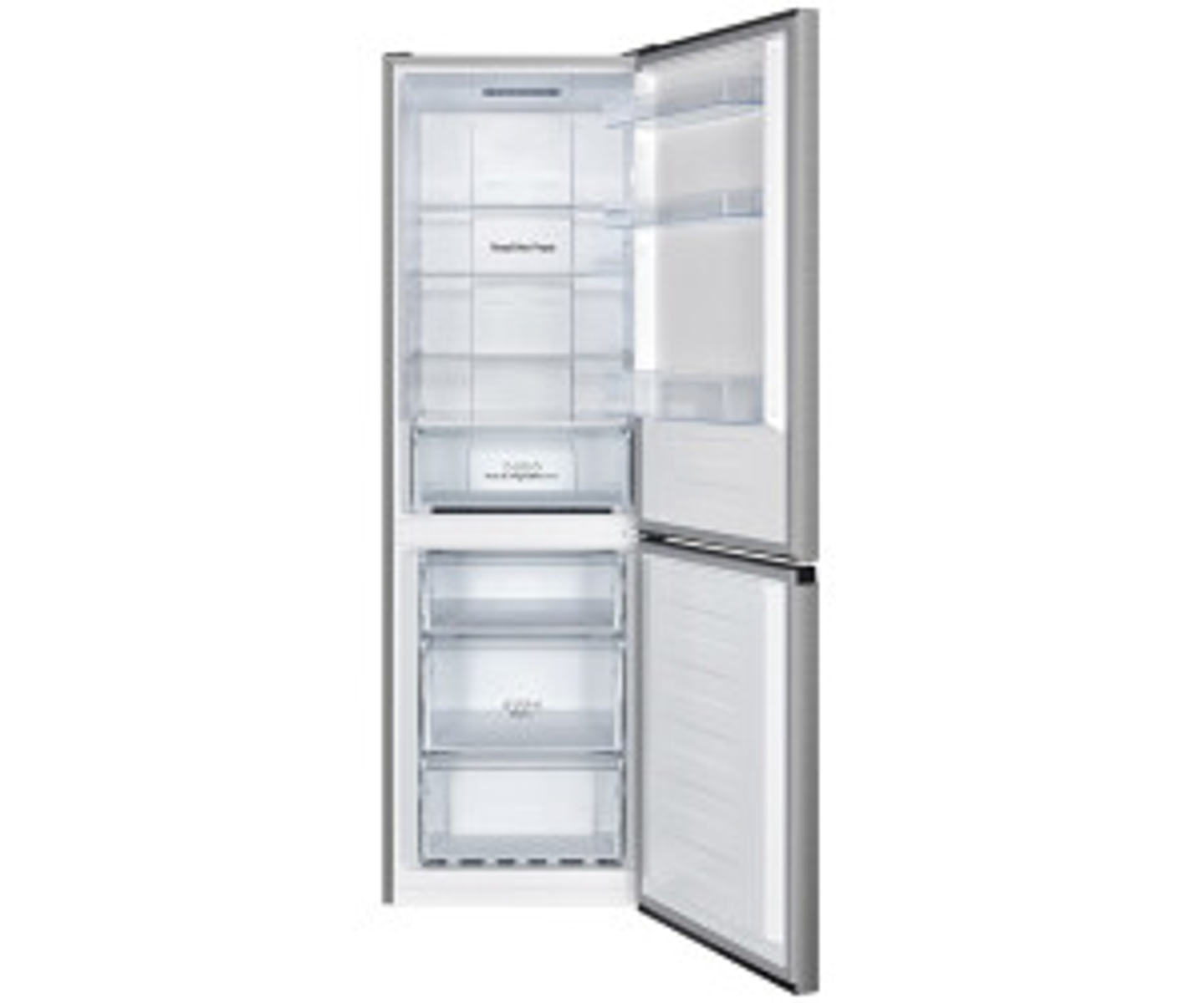 Un refrigerador abierto con estantes y cajones transparentes. La puerta está a la derecha.