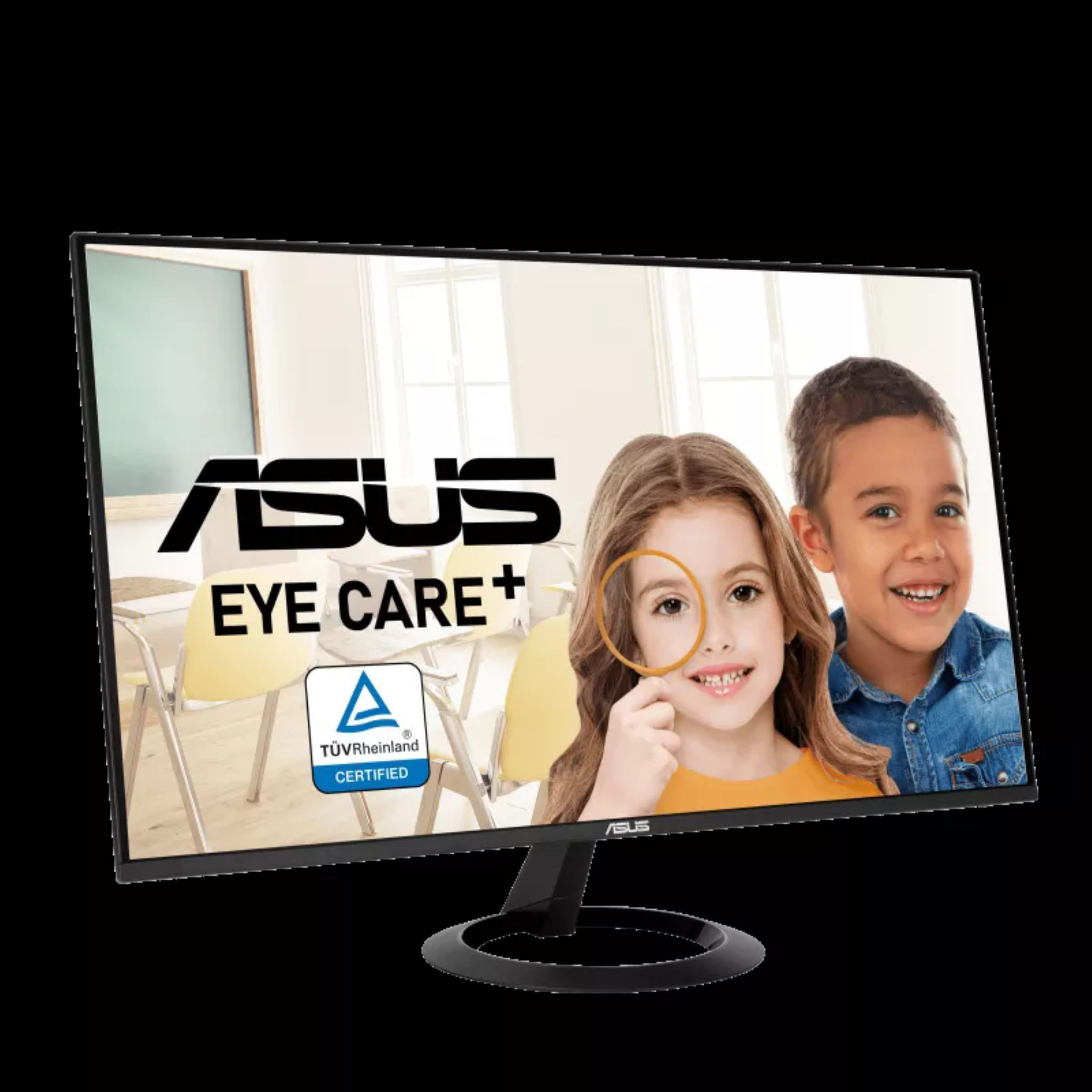 Ein Computermonitor mit zwei Kindern, die mit einer Lupe auf den Bildschirm schauen.