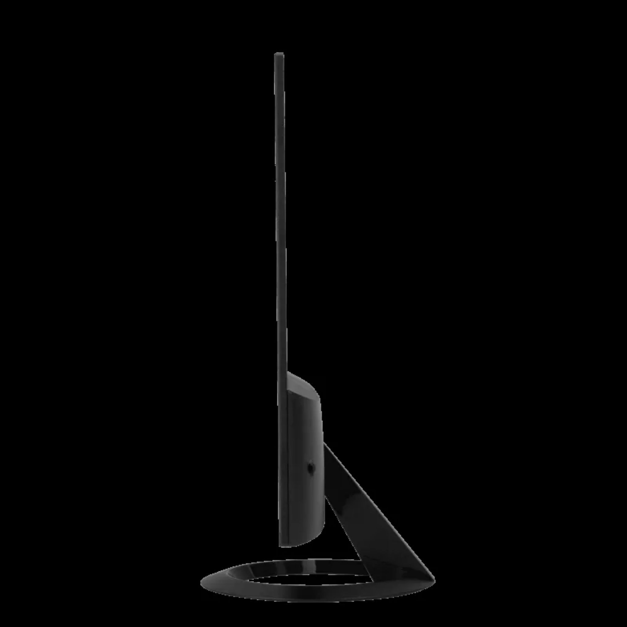 Ein schwarzer Computermonitor von der Seite betrachtet, mit einem dünnen Rahmen und einem schwarzen Ständer.