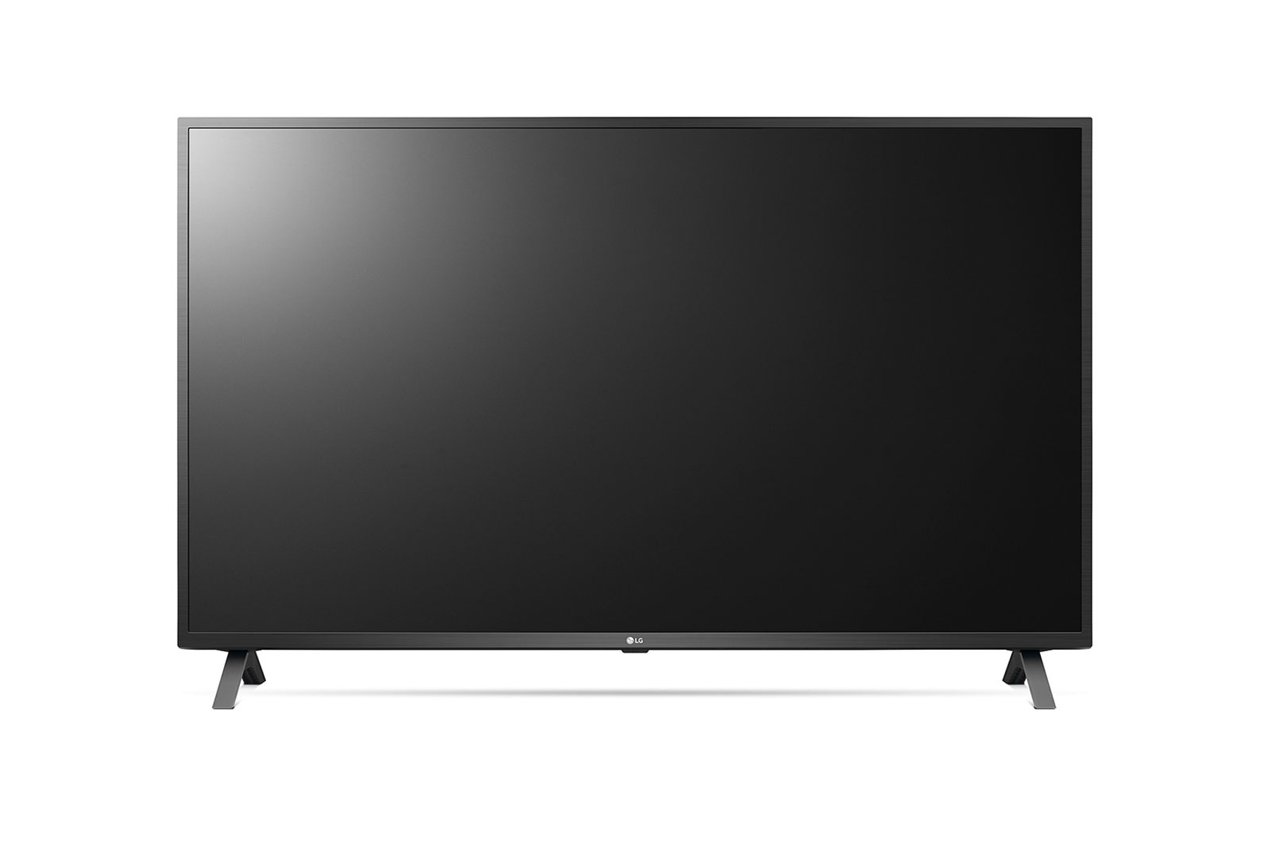 Grande TV a schermo piatto. Lo schermo è nero e il televisore ha gambe nere.