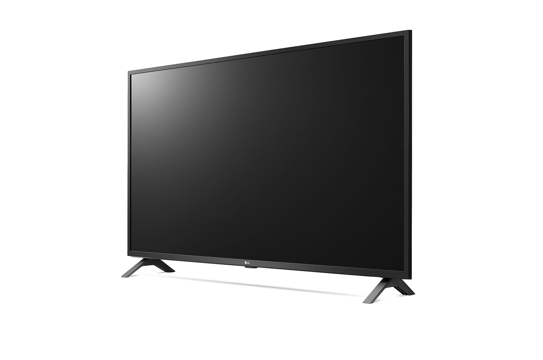 TV LG nero su sfondo bianco. Vista angolata. Supporto nero. Schermo spento.