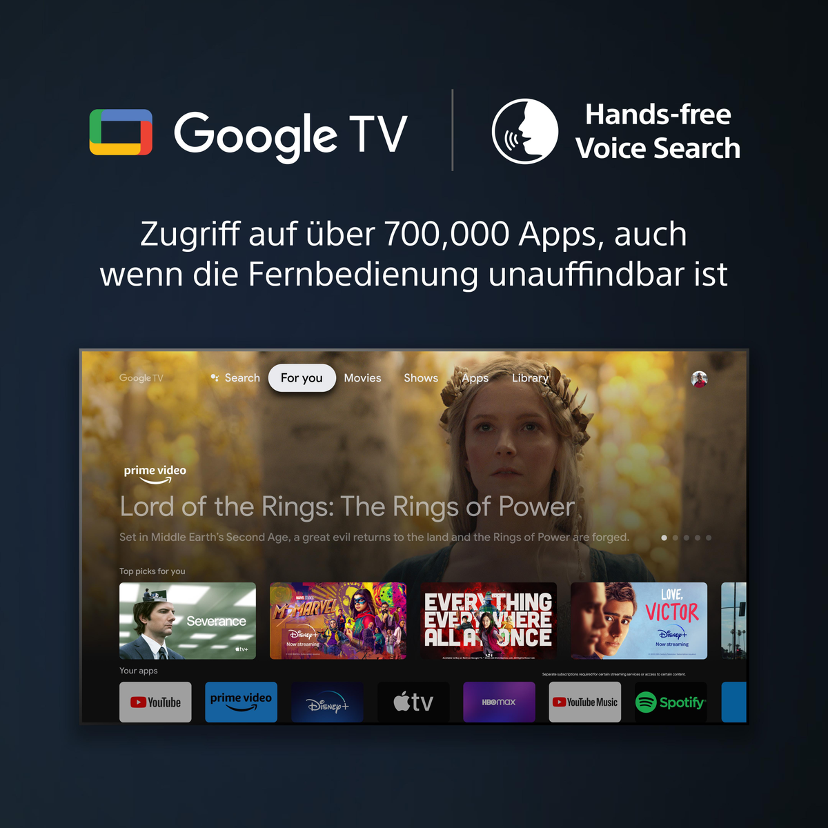 Schermo TV che mostra l'interfaccia Google TV con app di streaming.