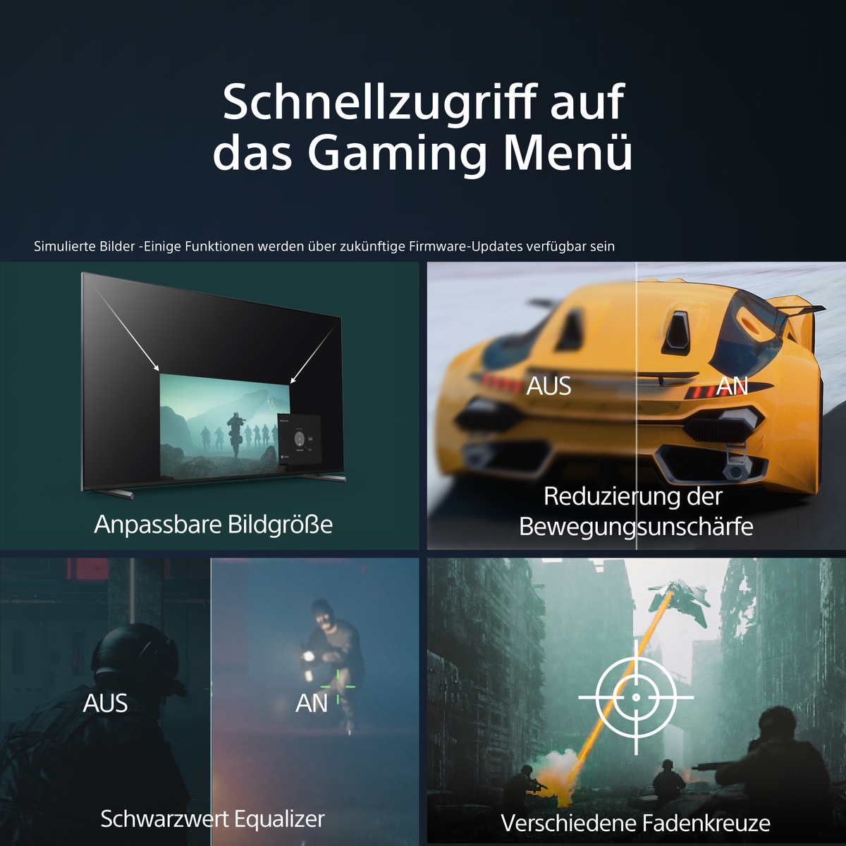 Schermo TV con funzionalità di gioco: dimensione immagine regolabile, riduzione sfocatura.