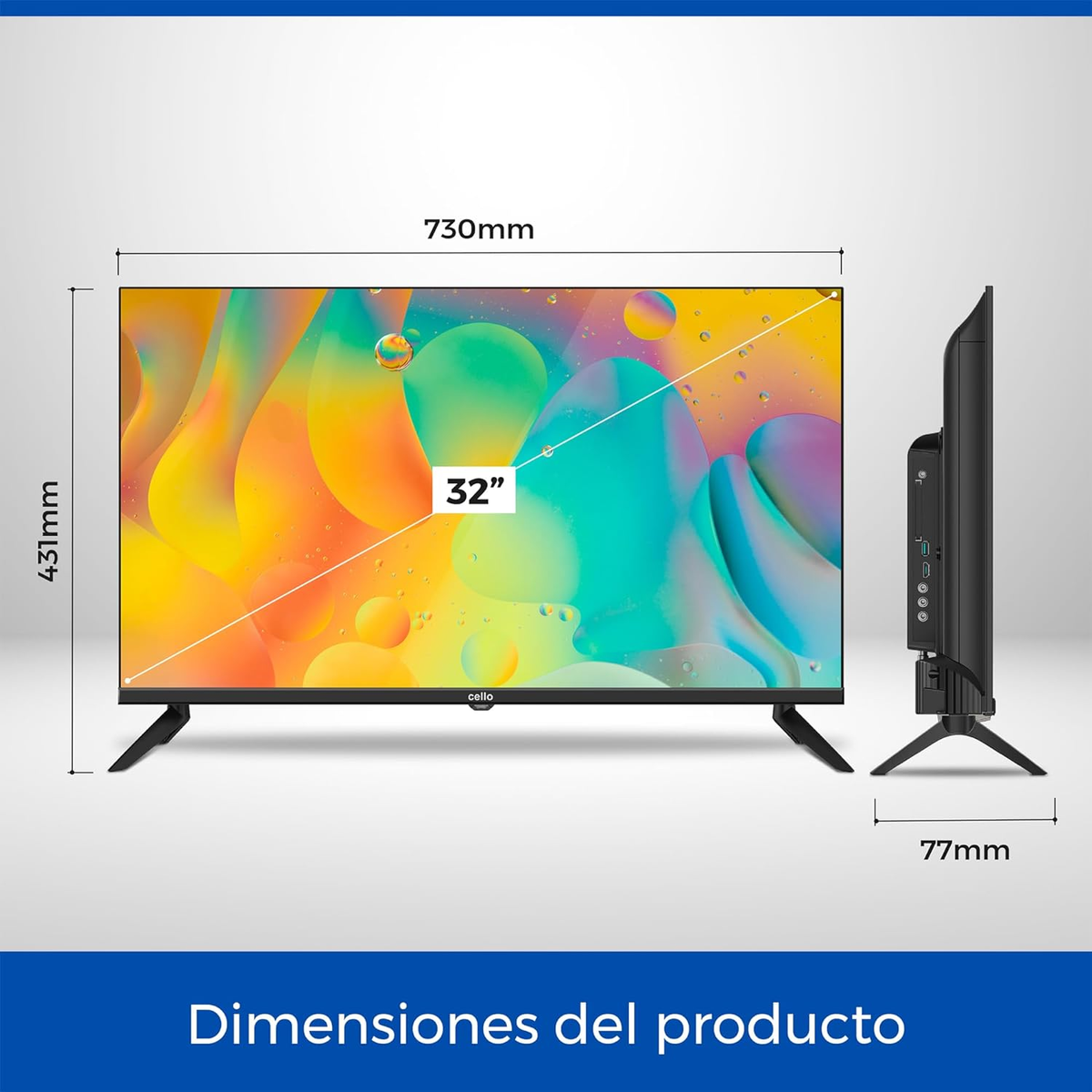 32-Zoll Cello TV mit Abmessungen. Der Bildschirm zeigt farbenfrohe, abstrakte Flüssigkeit.