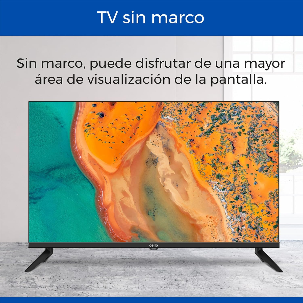 Ein Cello-TV mit farbenfrohem Bildschirm und schwarzem Ständer. Der Text lautet TV sin marco.