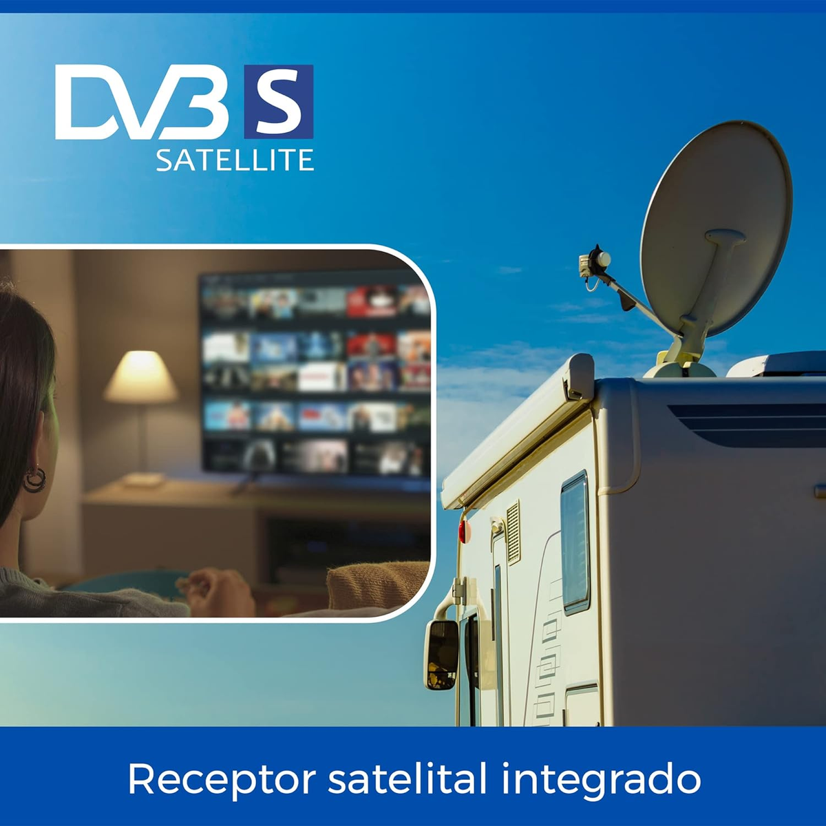 Eine Satellitenschüssel auf einem weißen Wohnmobil, mit einem sichtbaren Fernsehbildschirm im Inneren.