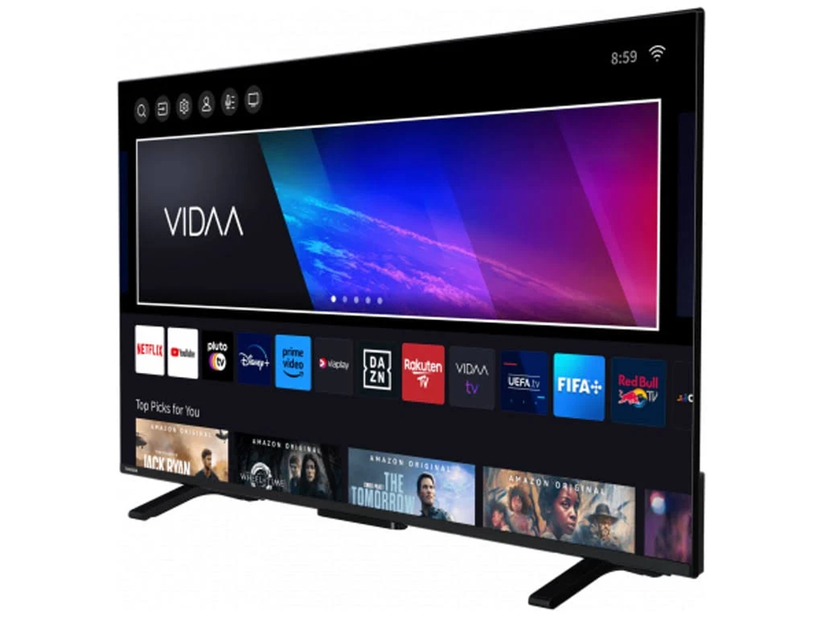 Una TV moderna con una cornice sottile che mostra un'interfaccia di servizio di streaming.