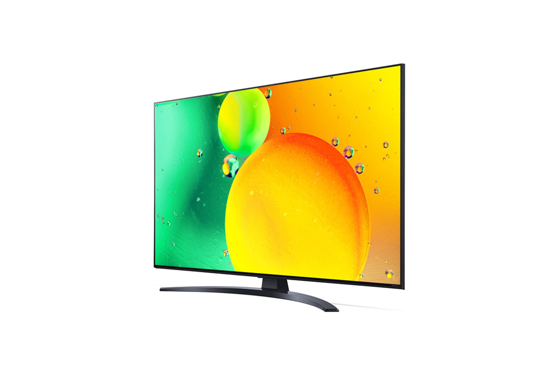 Televisor con una pantalla que muestra un fondo abstracto colorido. El televisor está en ángulo lateral.
