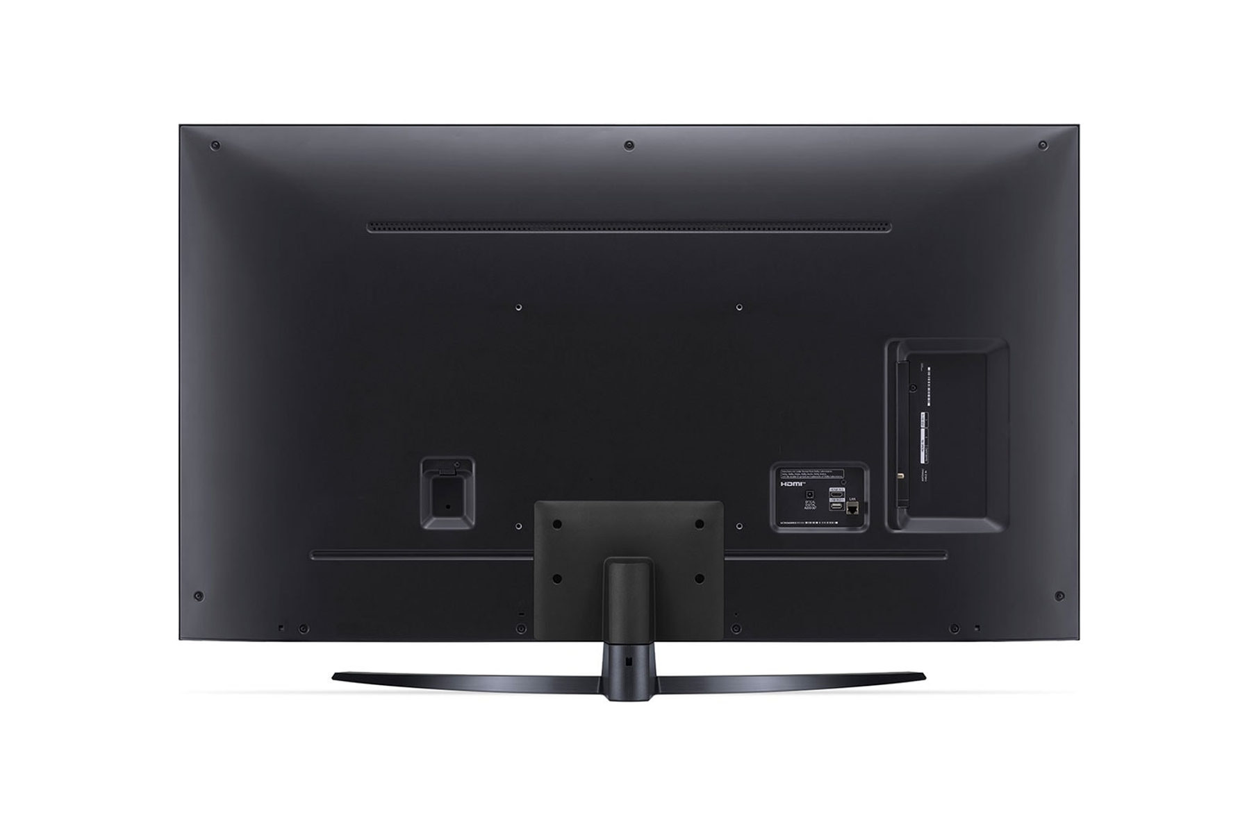 Parte trasera de un televisor negro con soporte y varios puertos visibles sobre fondo blanco.
