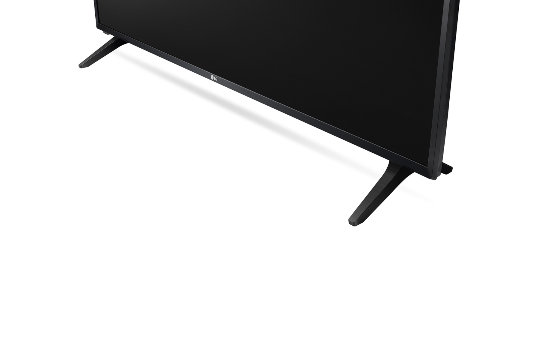 Un primo piano del supporto nero e della parte inferiore dello schermo di un televisore LG, su sfondo bianco.