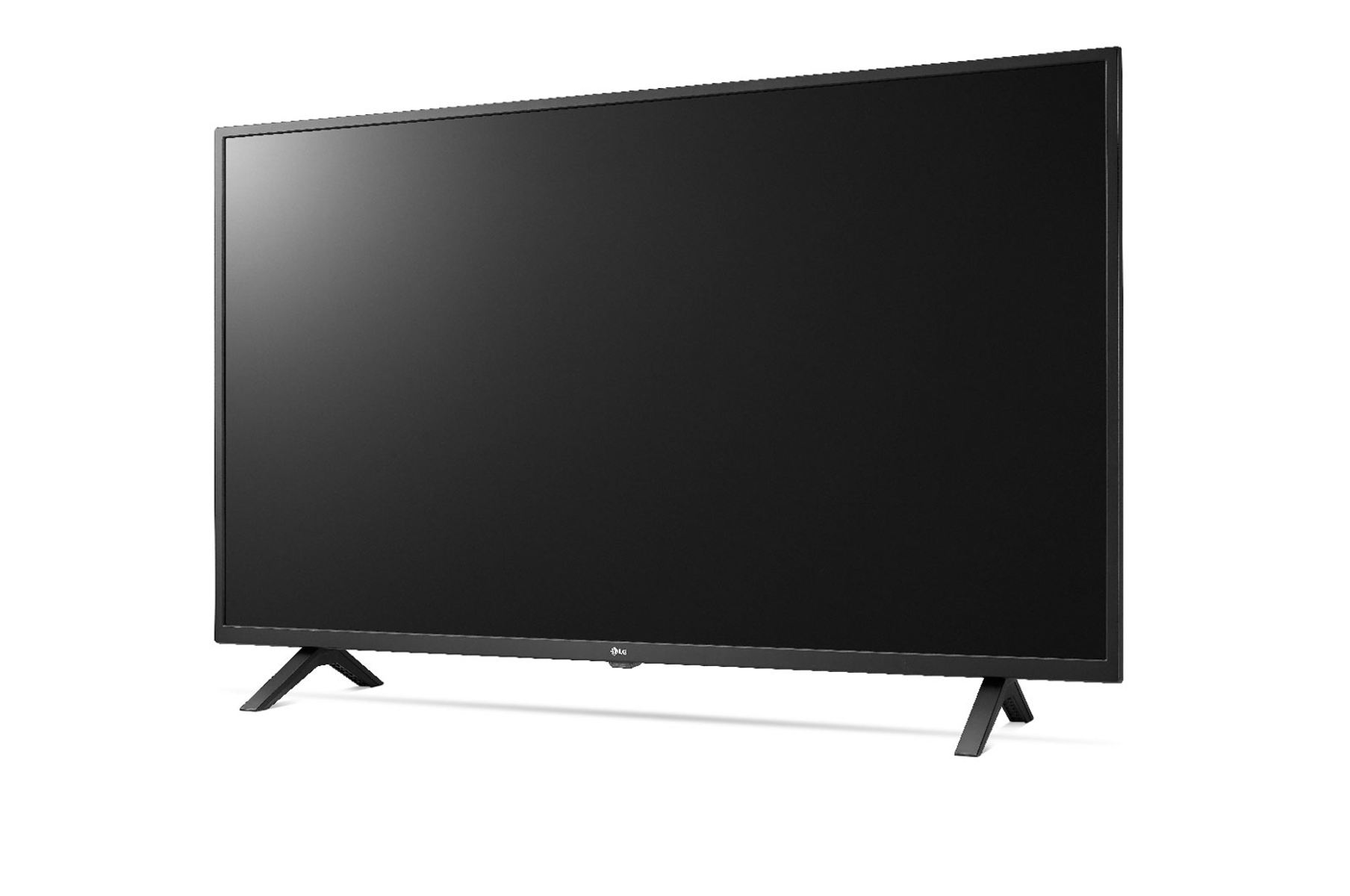 Una TV LG nera con supporto su sfondo bianco. Lo schermo è vuoto.