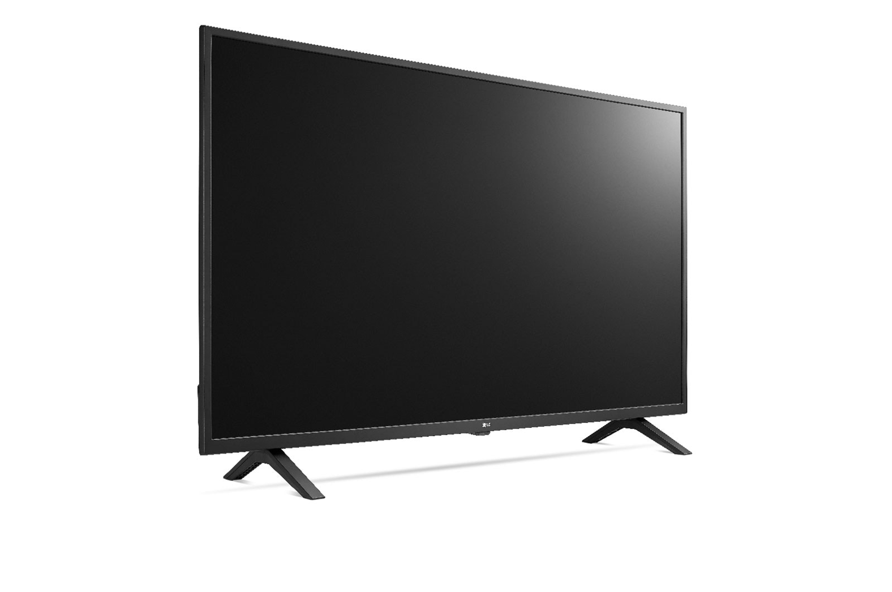 Un televisore LG nero con gambe nere, su sfondo bianco. Vista angolata.