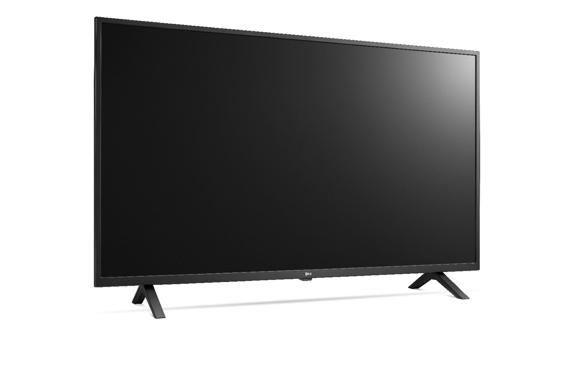 TV LG con schermo nero su sfondo bianco, con due gambe e cornice nera.