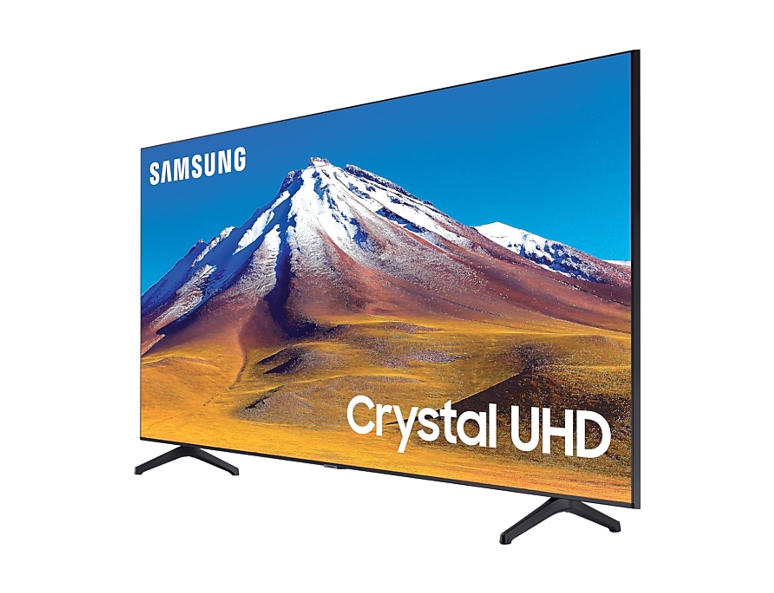 TV Samsung Crystal UHD. Vista angolata. Sfondo bianco.