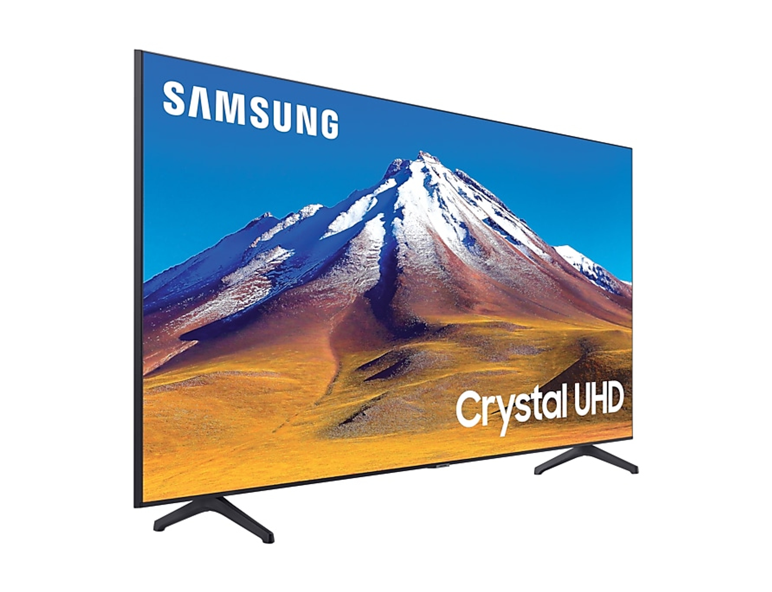 Un televisore Samsung, con una scena di montagna, su sfondo bianco.