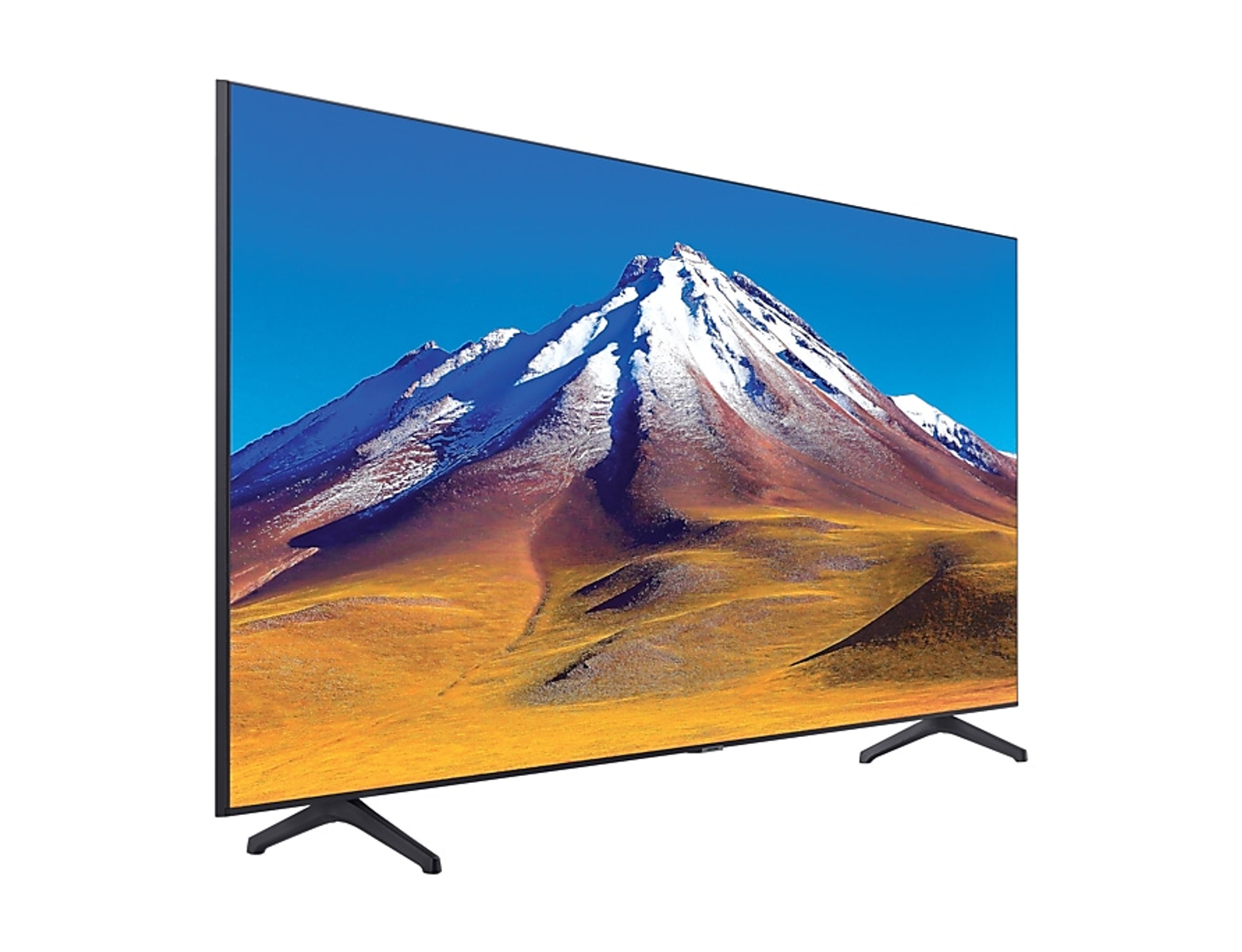 Un televisore Samsung con una scena di montagna sullo sfondo. Il televisore ha un supporto.