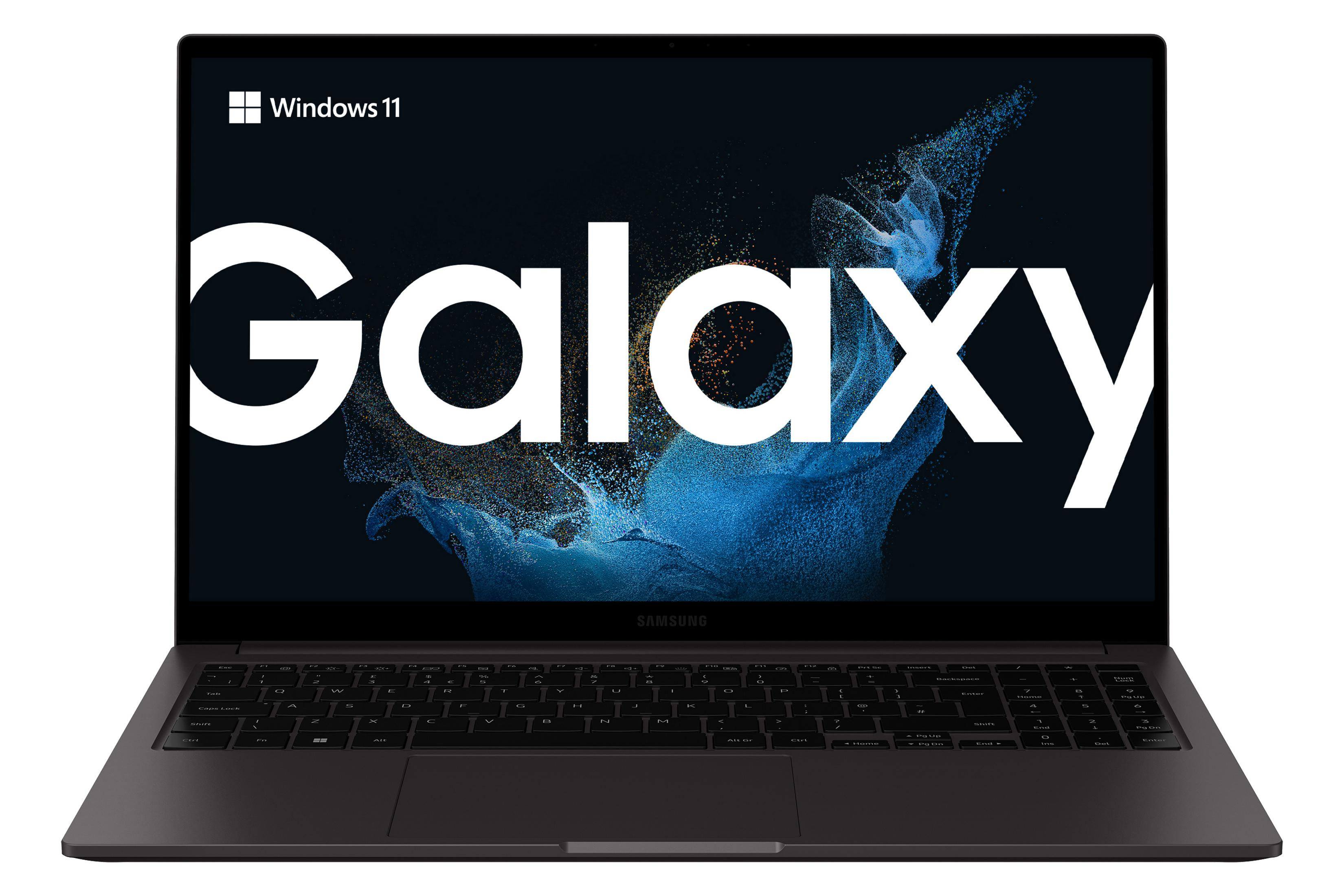 Schwarzer Samsung Galaxy Laptop. Der Bildschirm zeigt das Wort Galaxy.