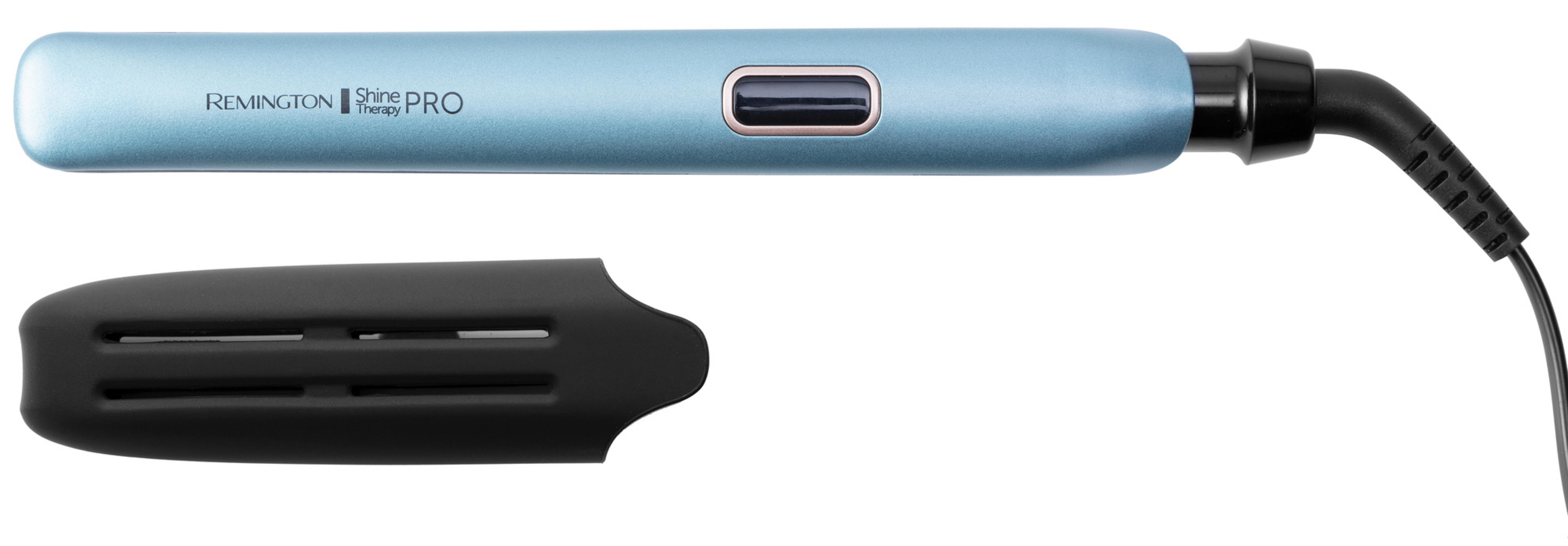 Jasnoniebieska prostownica do włosów i czarna osłona termiczna. Oba na białym tle.