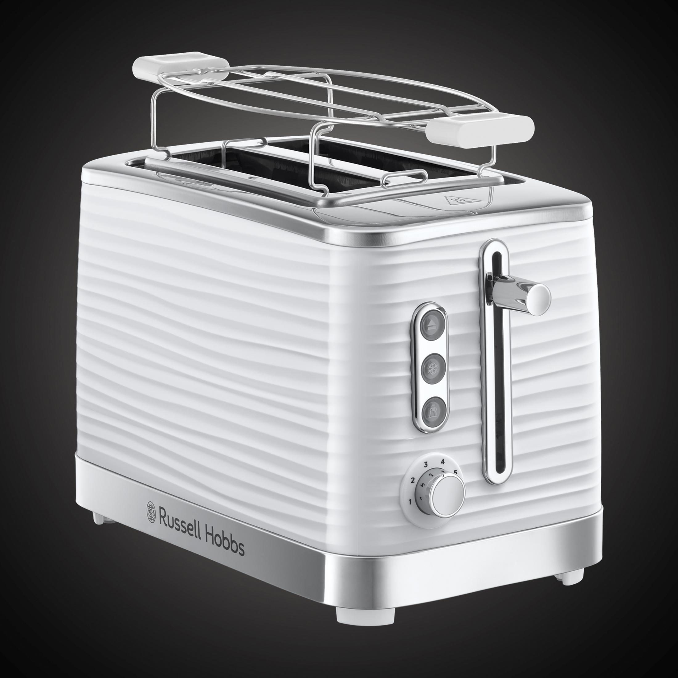 Tostadora Russell Hobbs blanca con diseño ondulado sobre fondo negro.