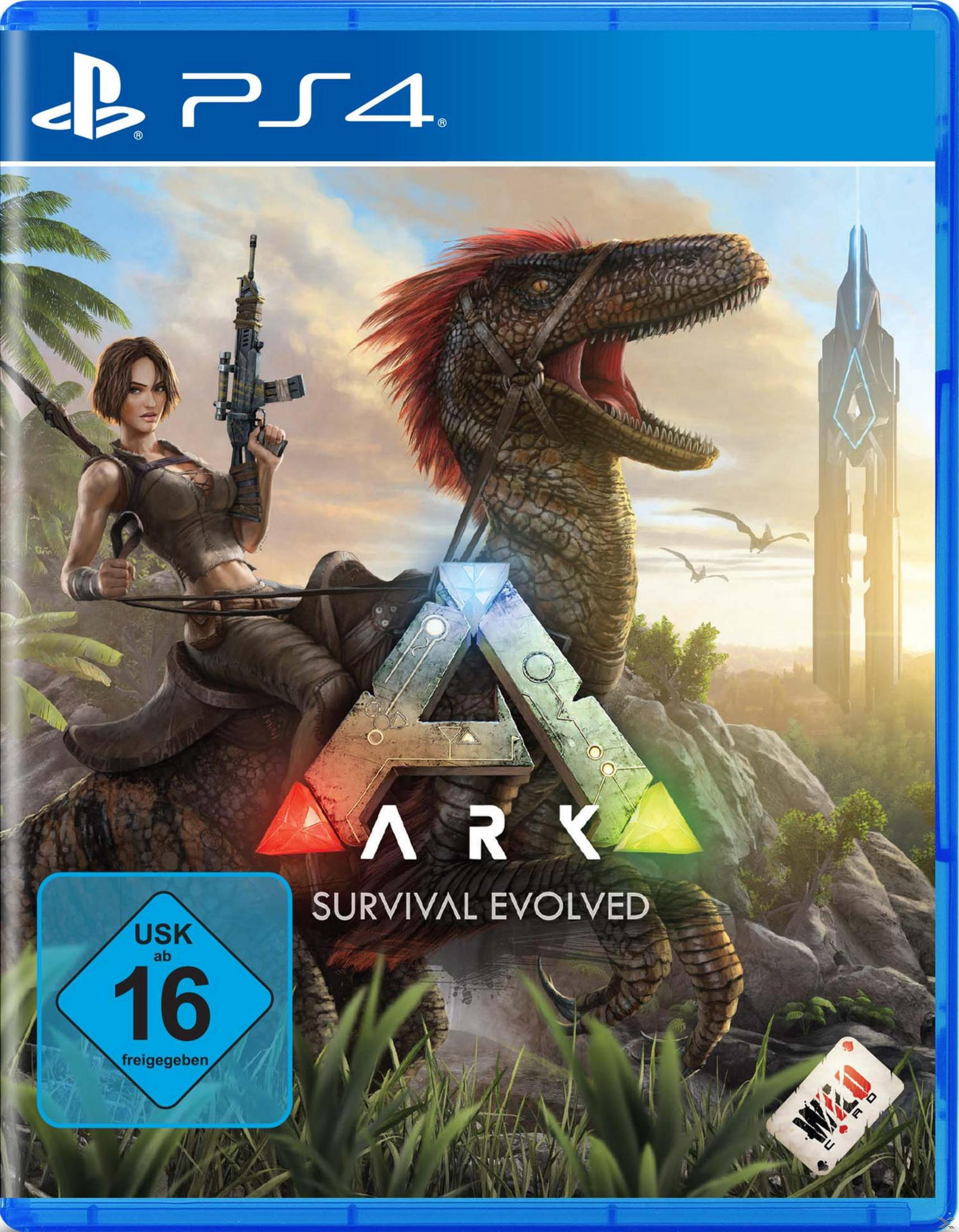ARK: Survival Evolved PS4-Spielbox. Eine Frau mit Waffe und Dinosaurier auf dem Cover.