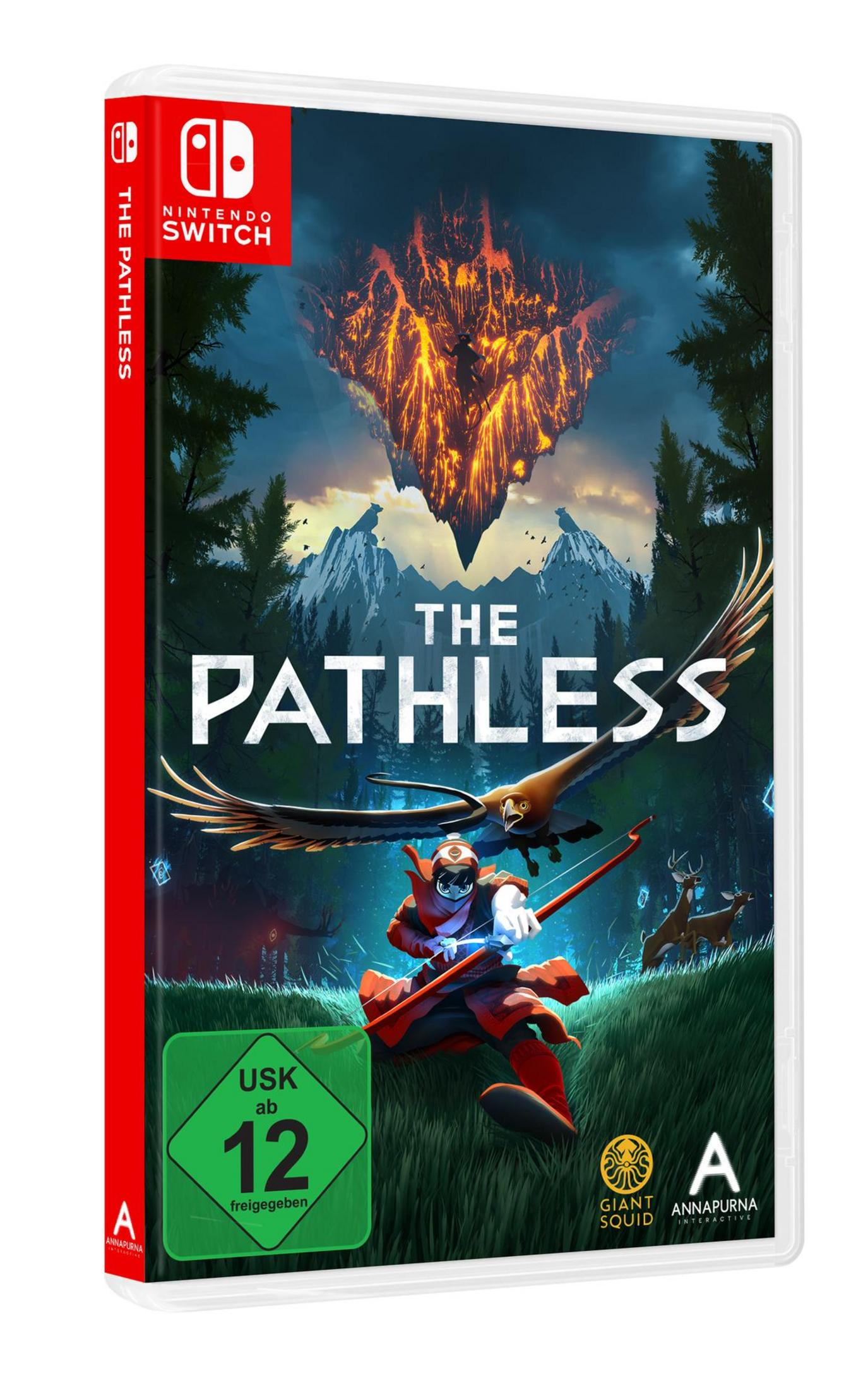 Scatola del gioco Nintendo Switch: The Pathless. Presenta un personaggio con arco e frecce.