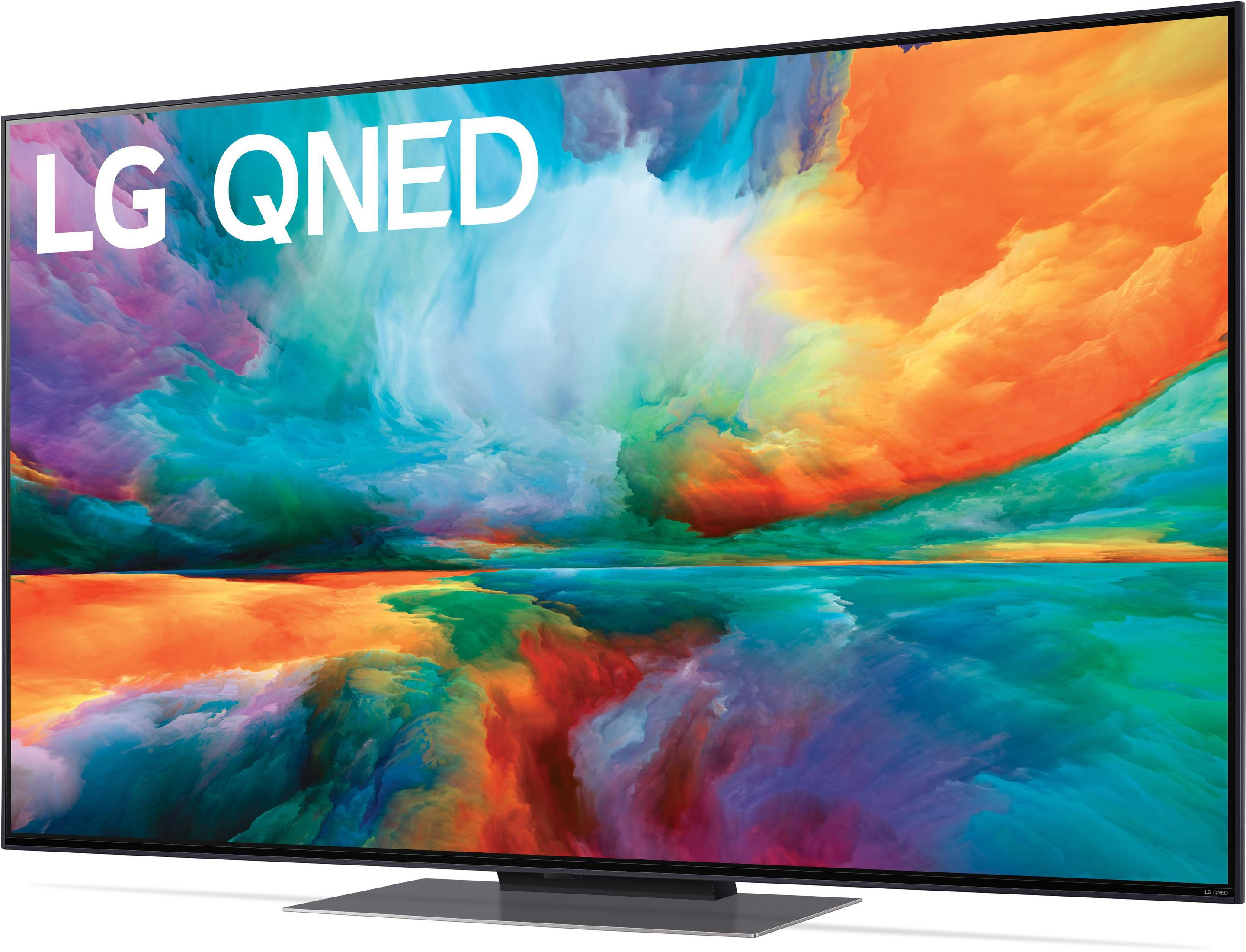 Ein großer LG QNED-Fernseher, der ein farbenfrohes, abstraktes Bild anzeigt.