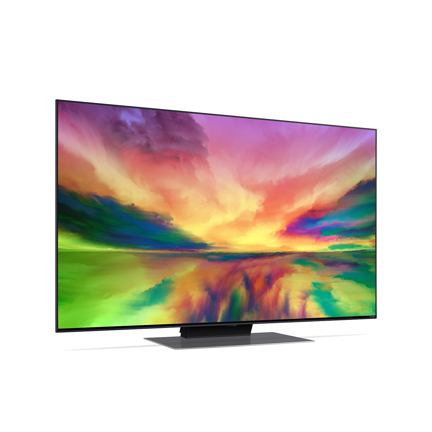 Großer Flachbildfernseher. Der Bildschirm zeigt ein farbenfrohes, abstraktes Gemälde eines Himmels.
