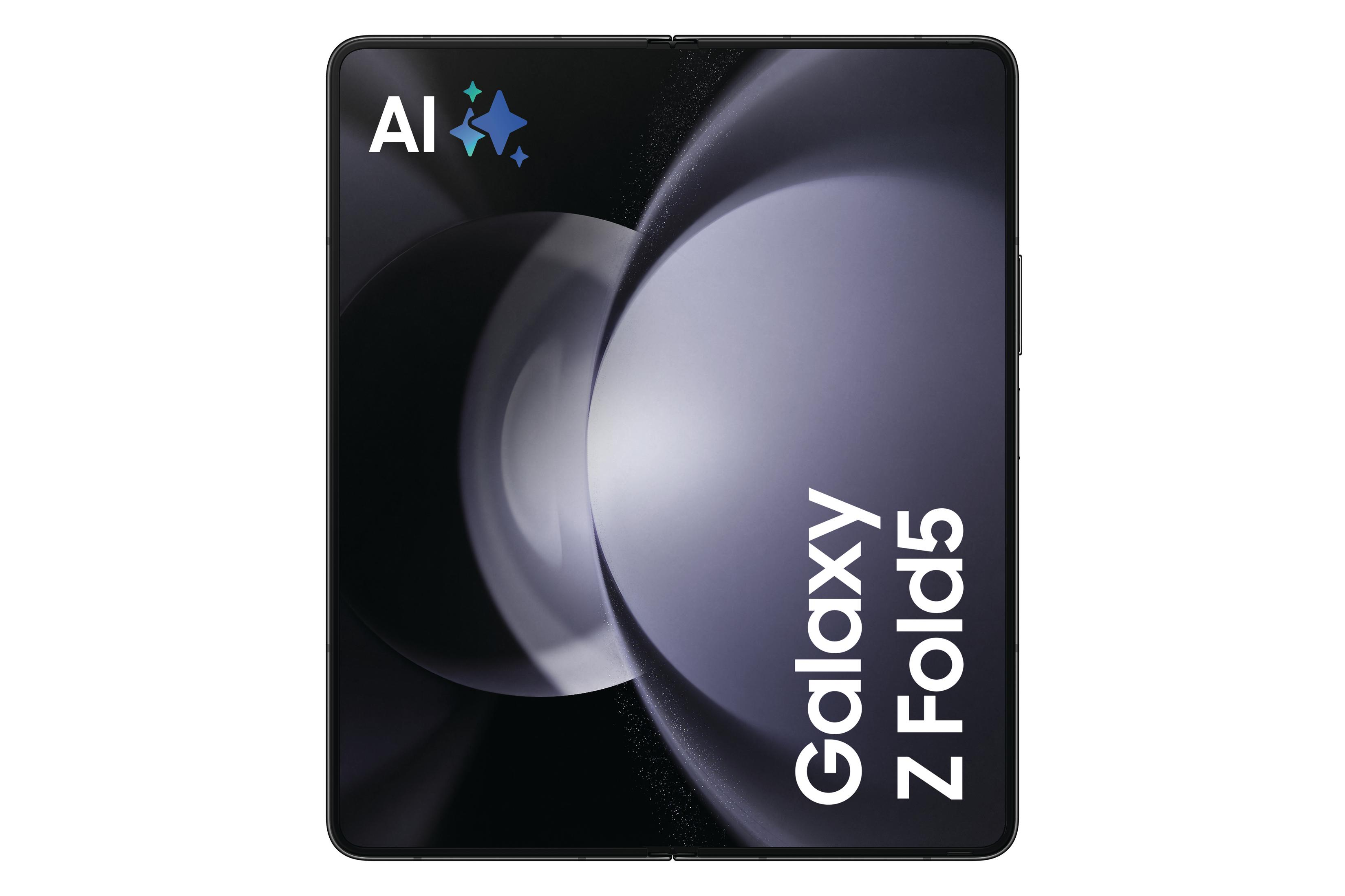 Składany czarny telefon z tekstem Galaxy Z Fold5 i znakiem AI na białym tle.