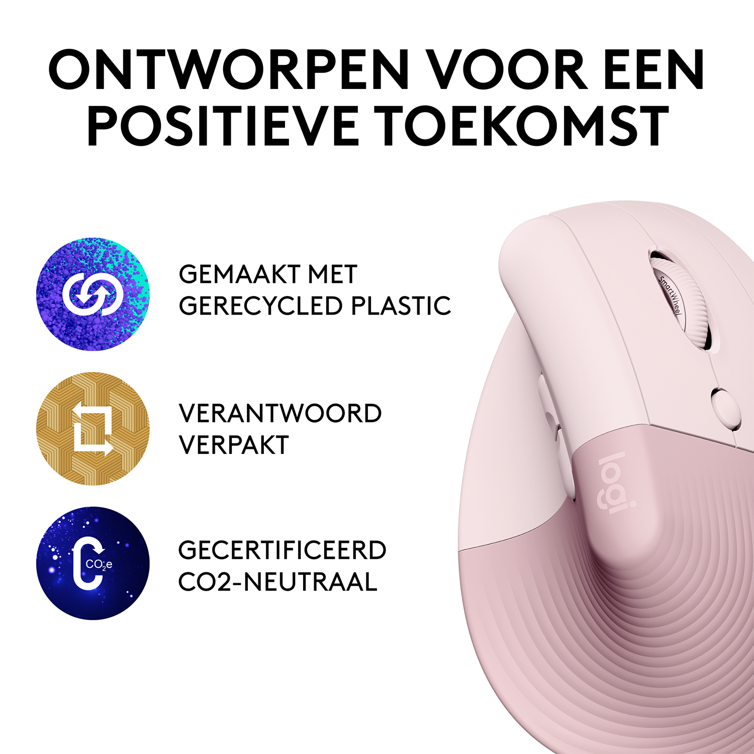 Różowa i biała ergonomiczna mysz z tekstem i ikonami opisującymi cechy zrównoważonego rozwoju.