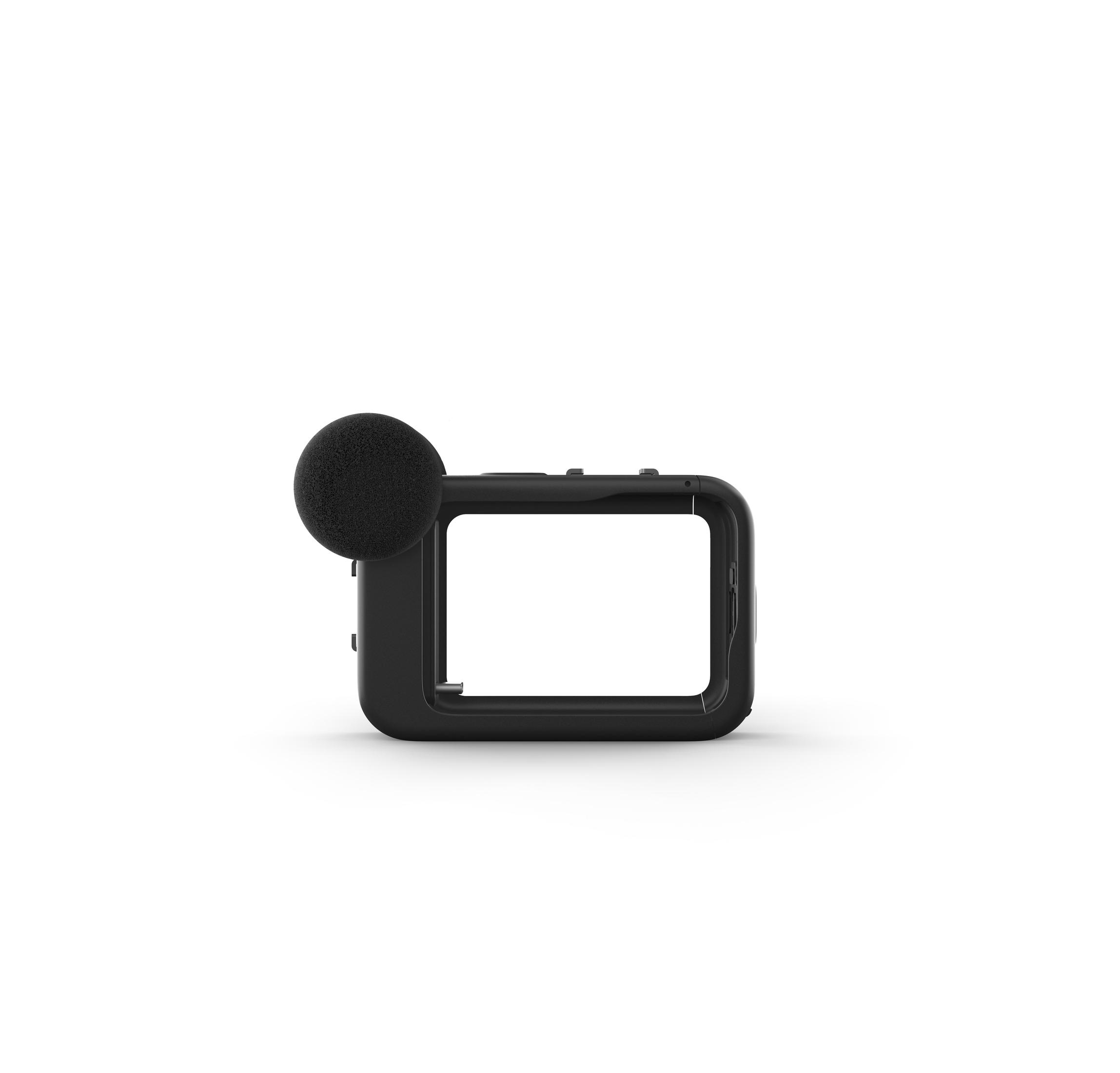 Schwarzer GoPro-Rahmen mit Mikrofon, zur Aufnahme einer Kamera, mit weißem Hintergrund.