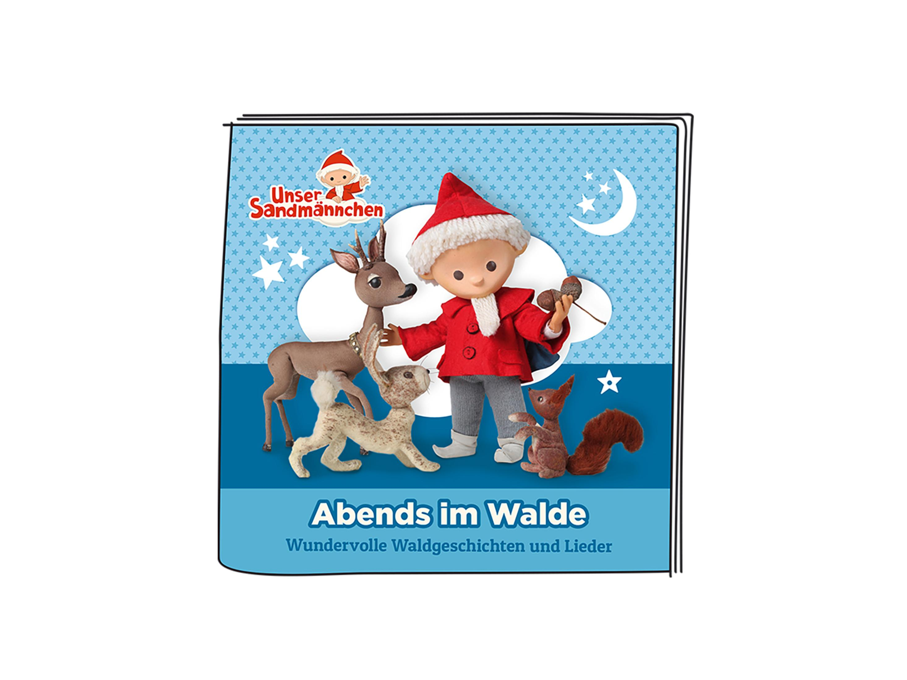 Couverture : Sandmännchen avec des animaux, fond bleu et titre : Abends im Walde.