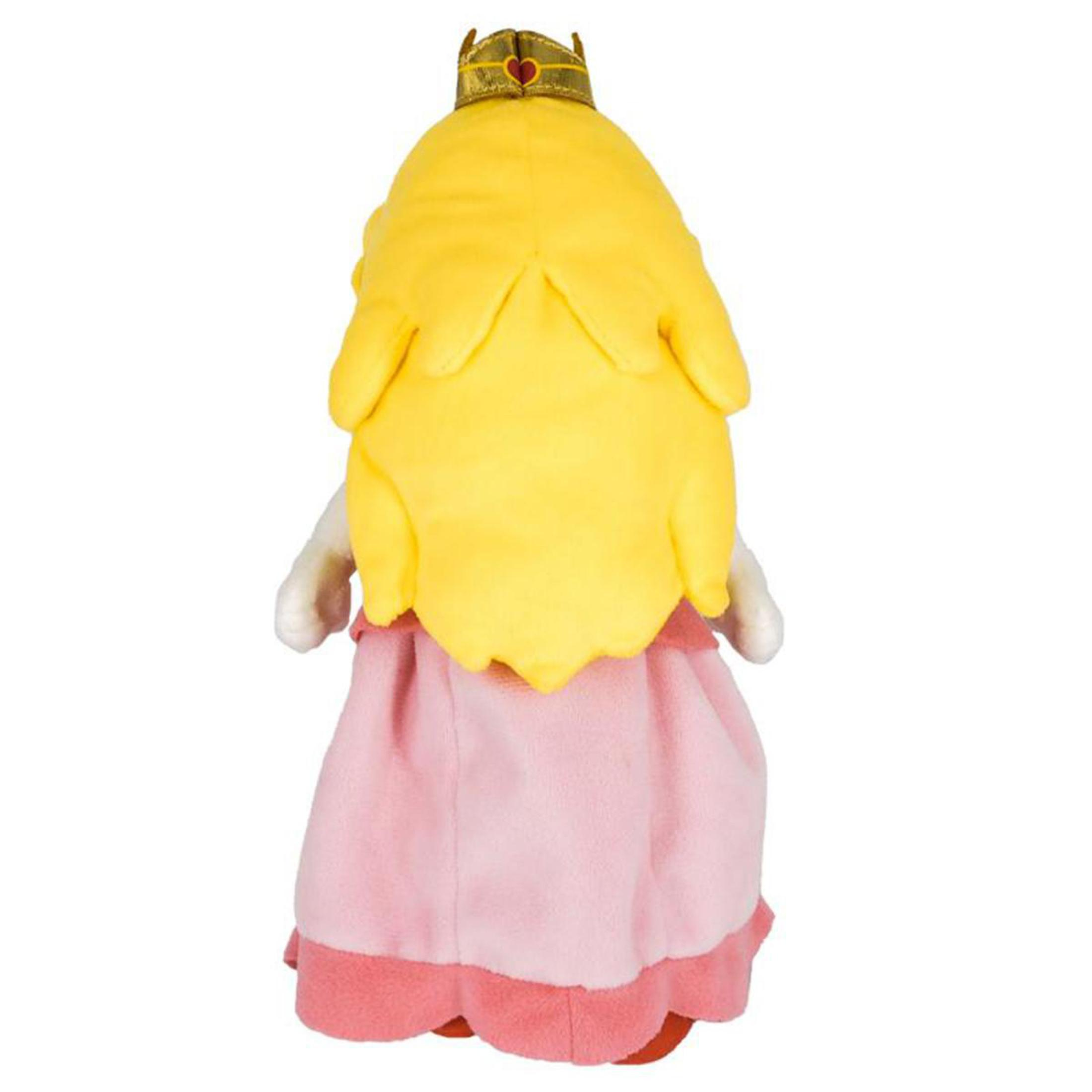 Rückansicht einer Princess Peach Plüschfigur. Sie trägt eine gelbe Krone und ein rosa Kleid.