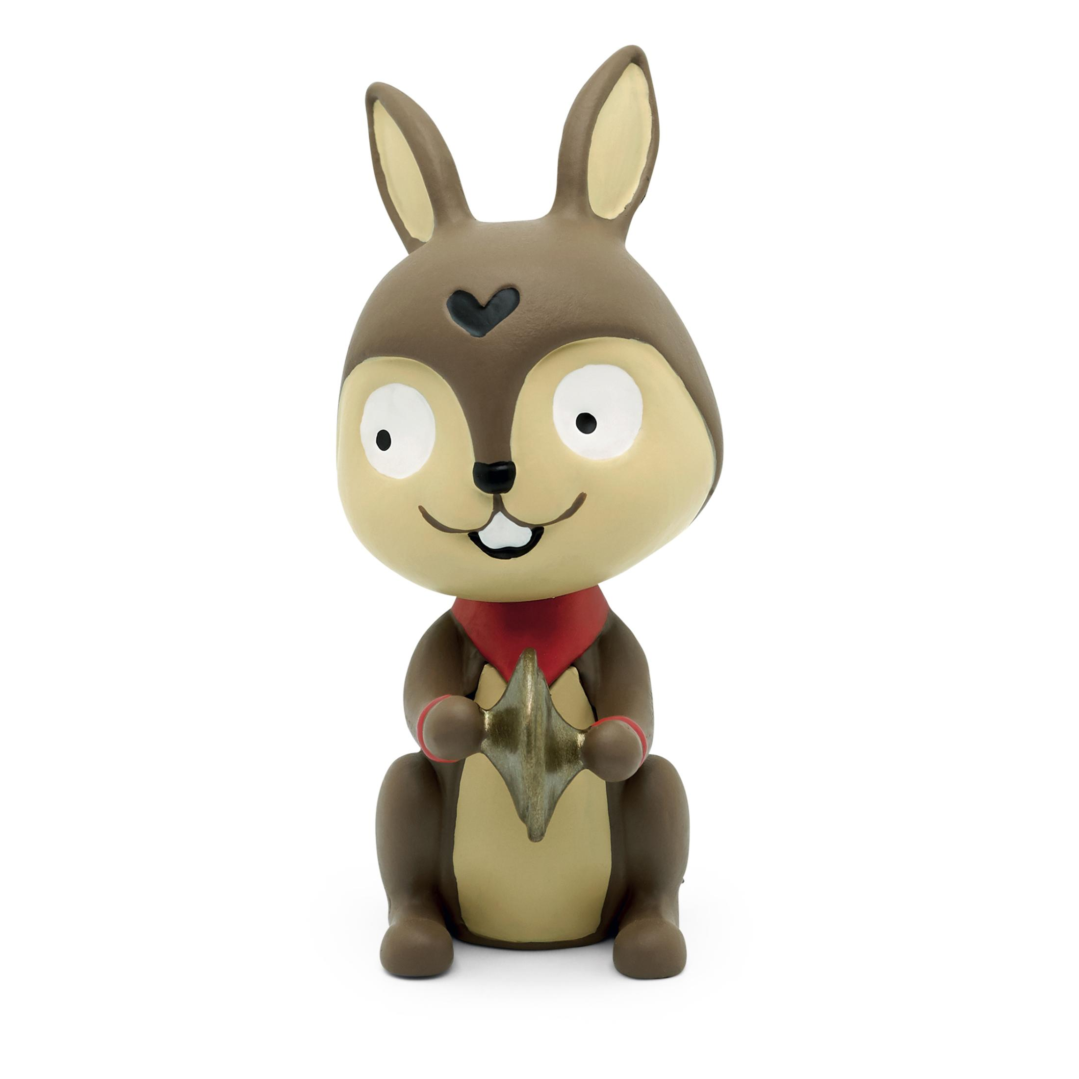 Eine Cartoon-Hasenfigur, die ein sternförmiges Objekt hält, mit rotem Schal.