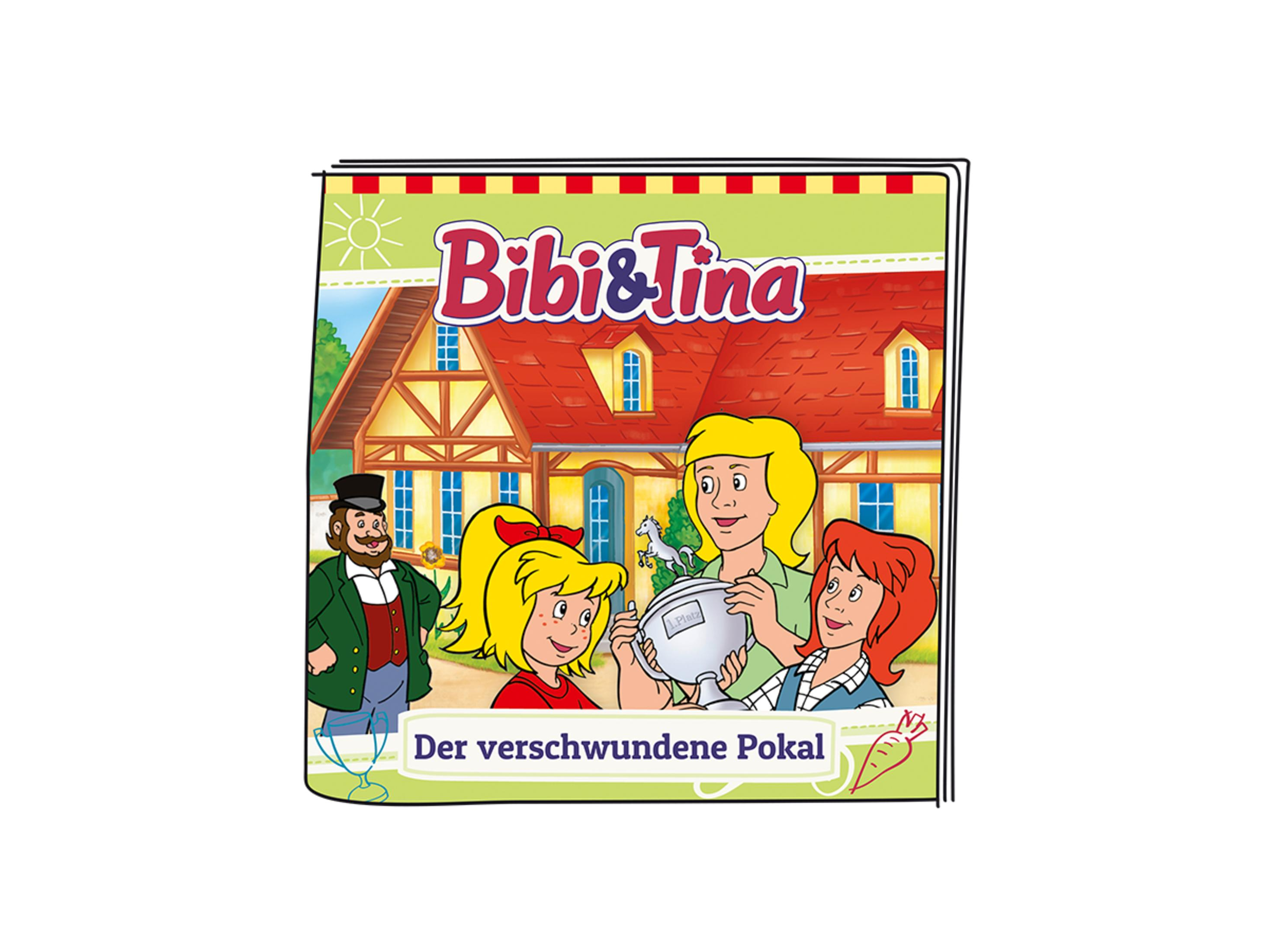 Cartoon-Buchcover mit drei Mädchen, einem Mann und einem Haus. Der Titel lautet "Bibi & Tina".
