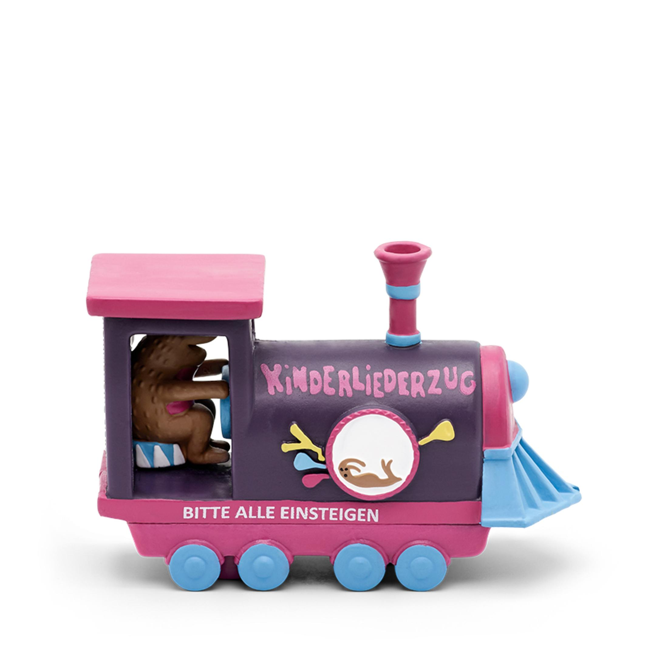 Eine Spielzeugeisenbahn mit einem Cartoon-Bären in der Kabine und dem Text 'Kinderliederzug'.