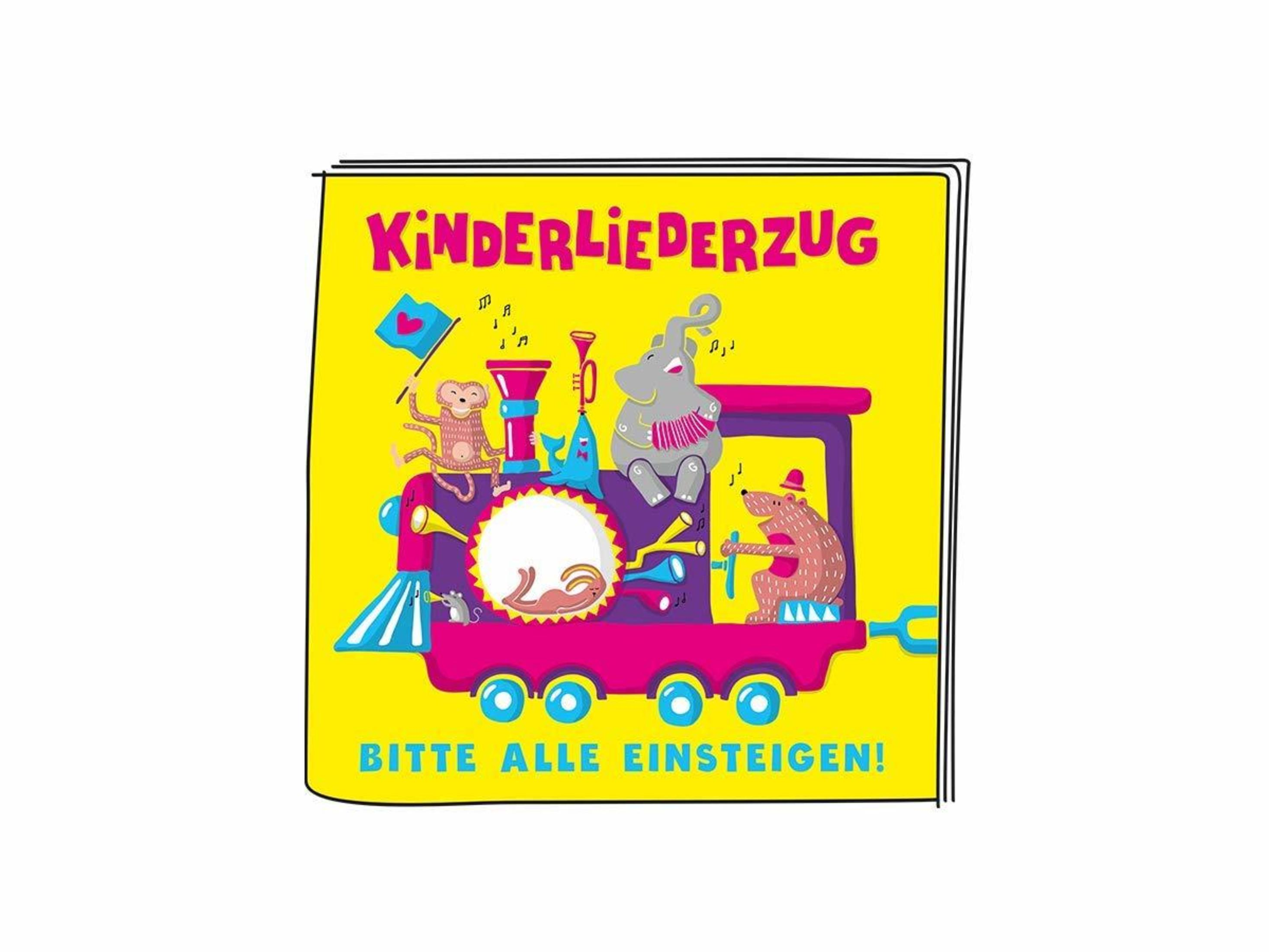 Buntes Kinderbuchcover mit Zugillustration und spielenden Tieren. Gelber Hintergrund.