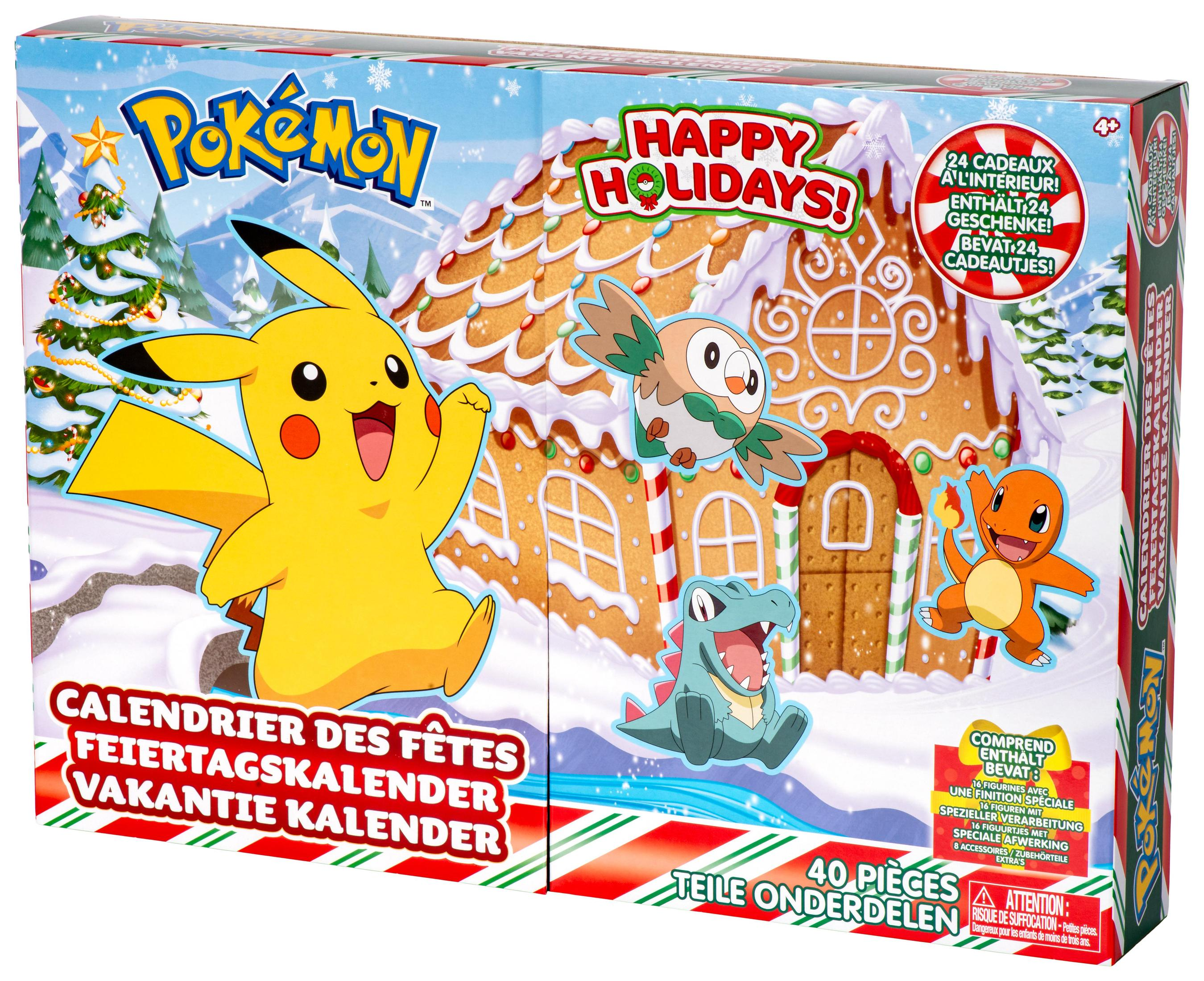 Pokemon Adventskalender-Box mit Pikachu und anderen Charakteren vor einem Lebkuchenhaus.