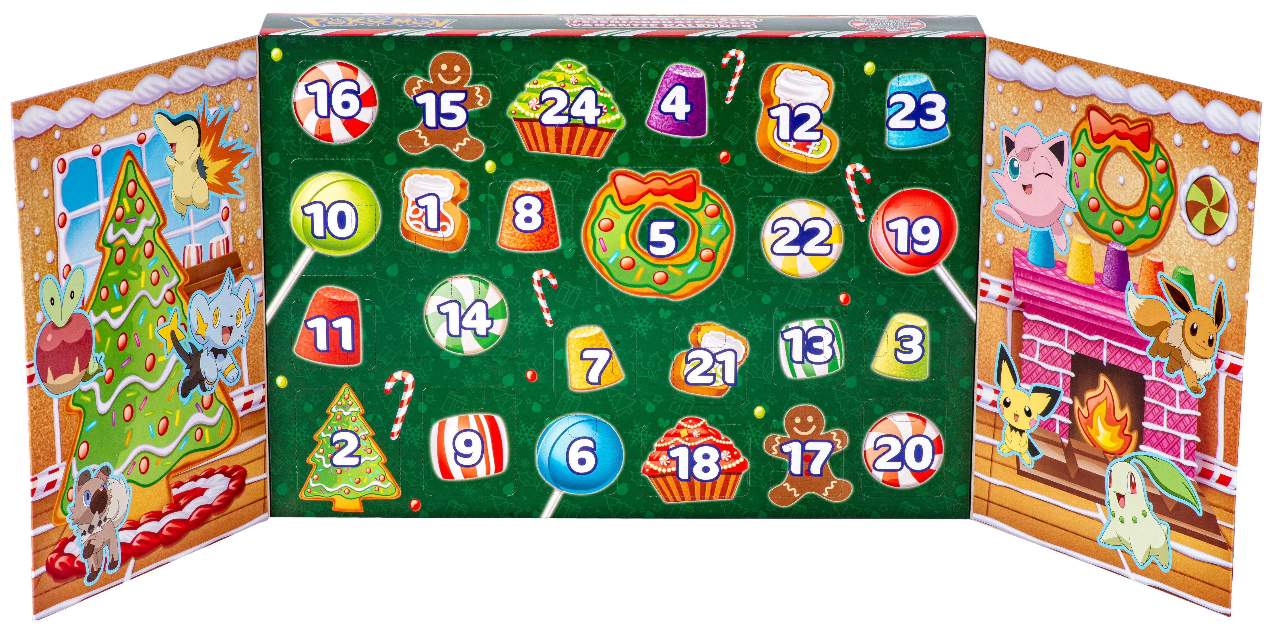Adventskalender mit Pokemon-Charakteren. Die Türen zeigen Zahlen und Bilder zum Thema Feiertage.