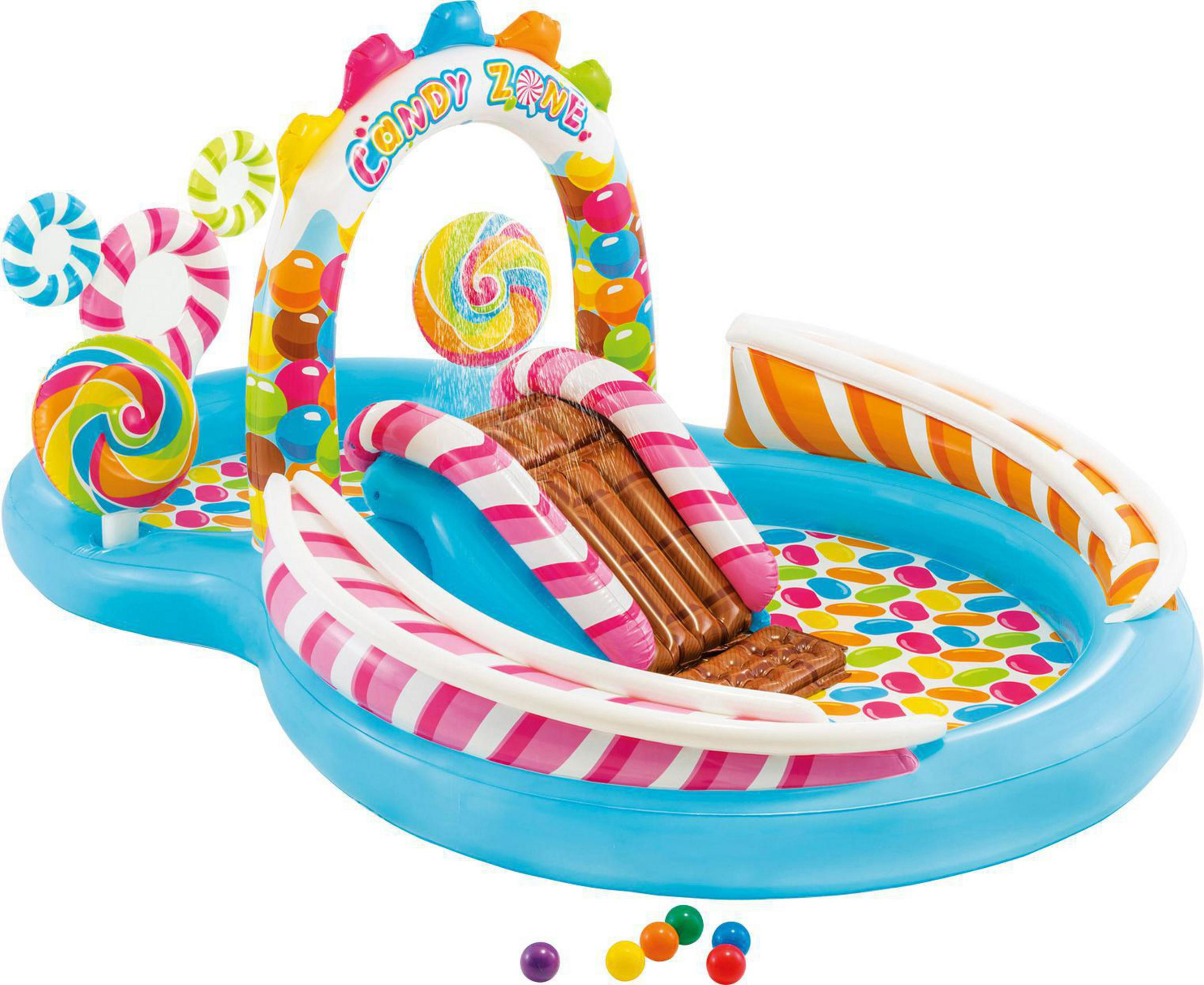 Una piscina gonfiabile a tema caramelle, colorata, con scivolo e decorazioni.