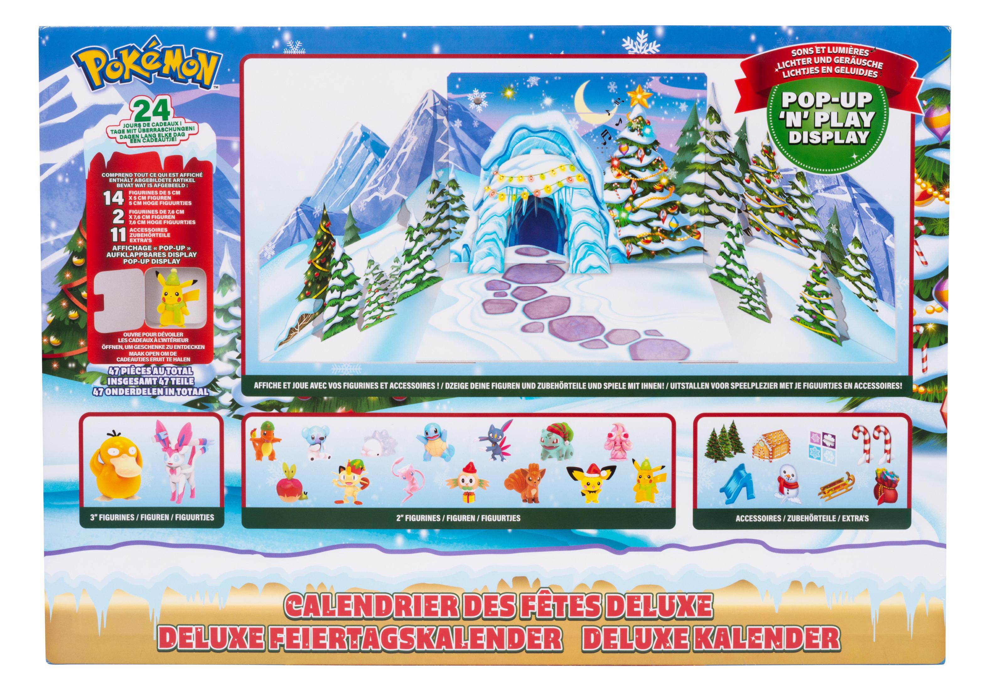 Weihnachtsausstellung mit Pokemon-Charakteren, Schnee, Bäumen und einer Höhle. Es ist ein Kalender.