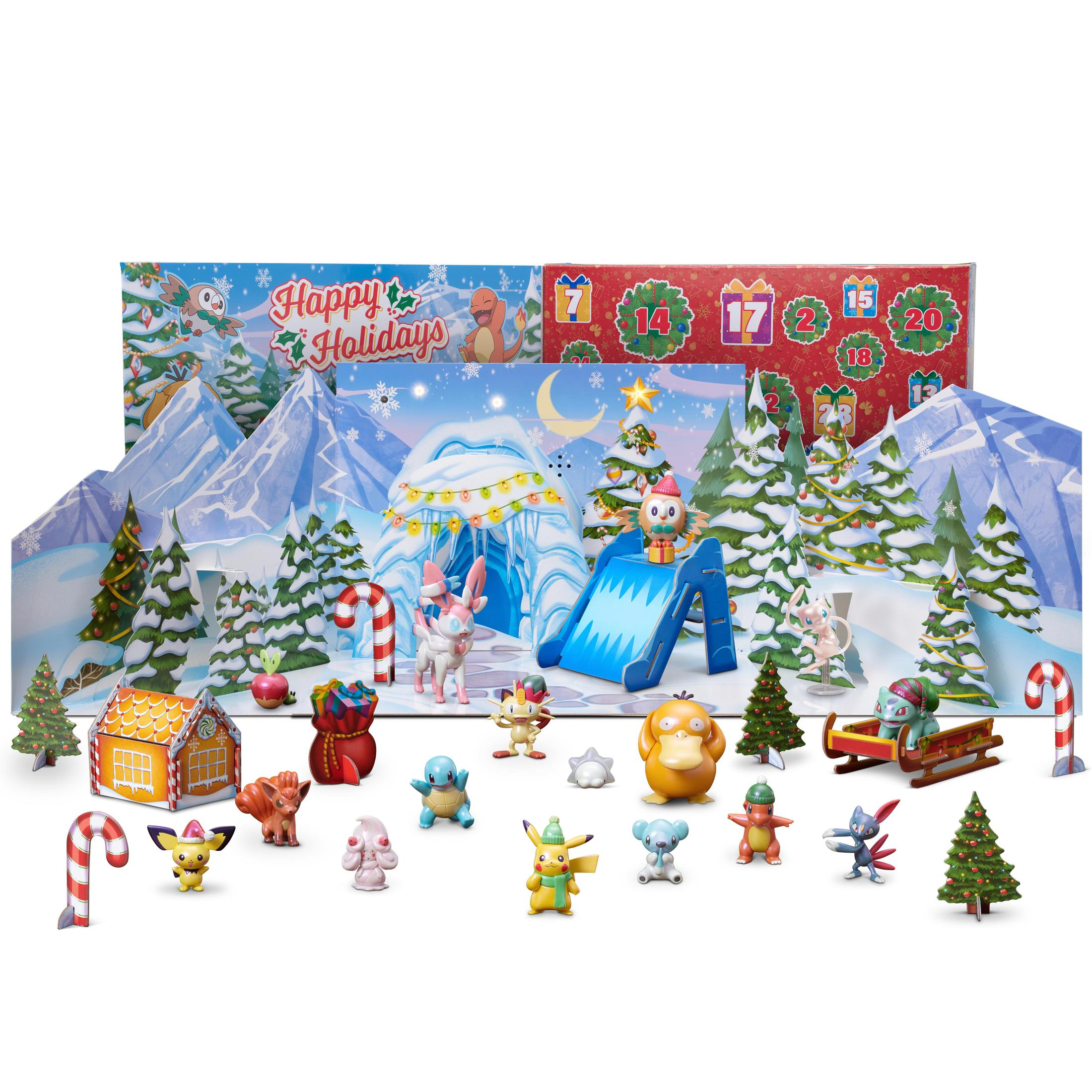 Ein Adventskalender mit einer Winterszene und vielen Pokémon-Figuren.