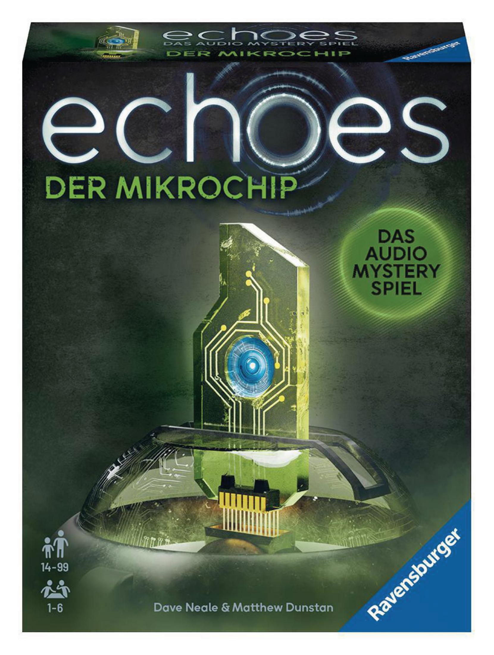 Spielbox für 'Echoes: Der Mikrochip'. Die Box zeigt ein grünes, chipähnliches Objekt mit blauem Kern.