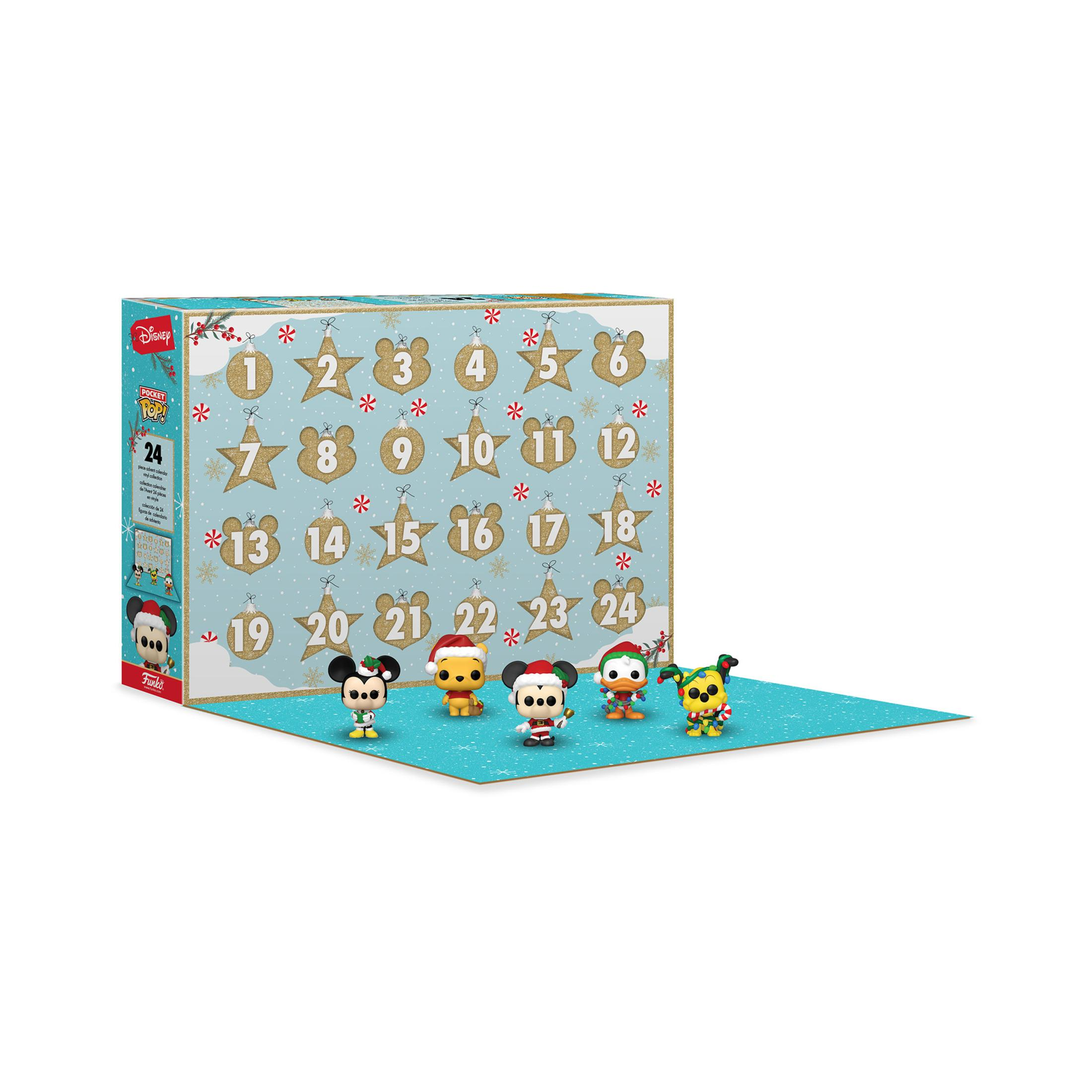 Disney Adventskalenderbox mit Funko Pop Figuren von Disney-Charakteren in Weihnachtskleidung.