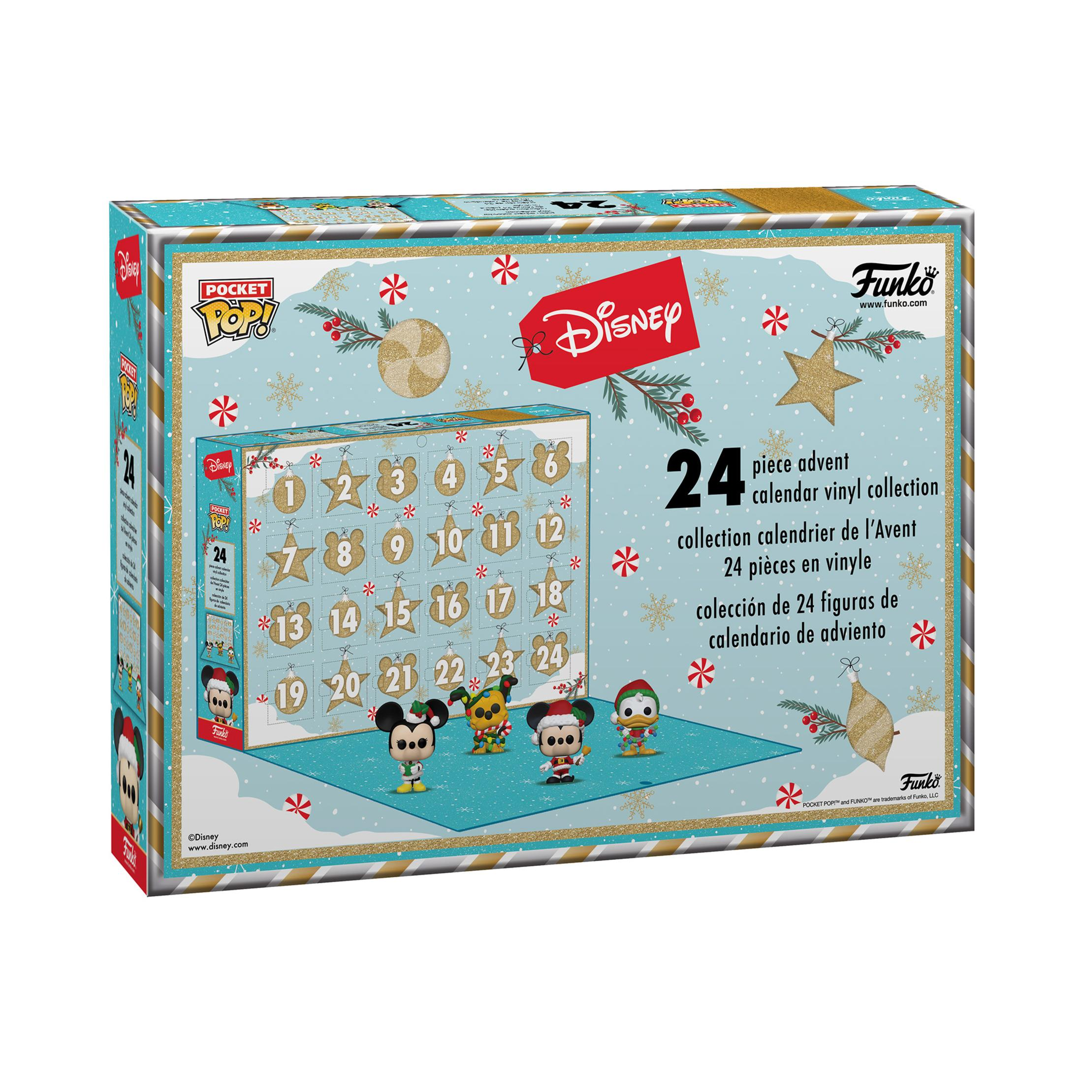 Eine Disney Adventskalenderbox mit Micky, Minnie und anderen Figuren in festlicher Umgebung.