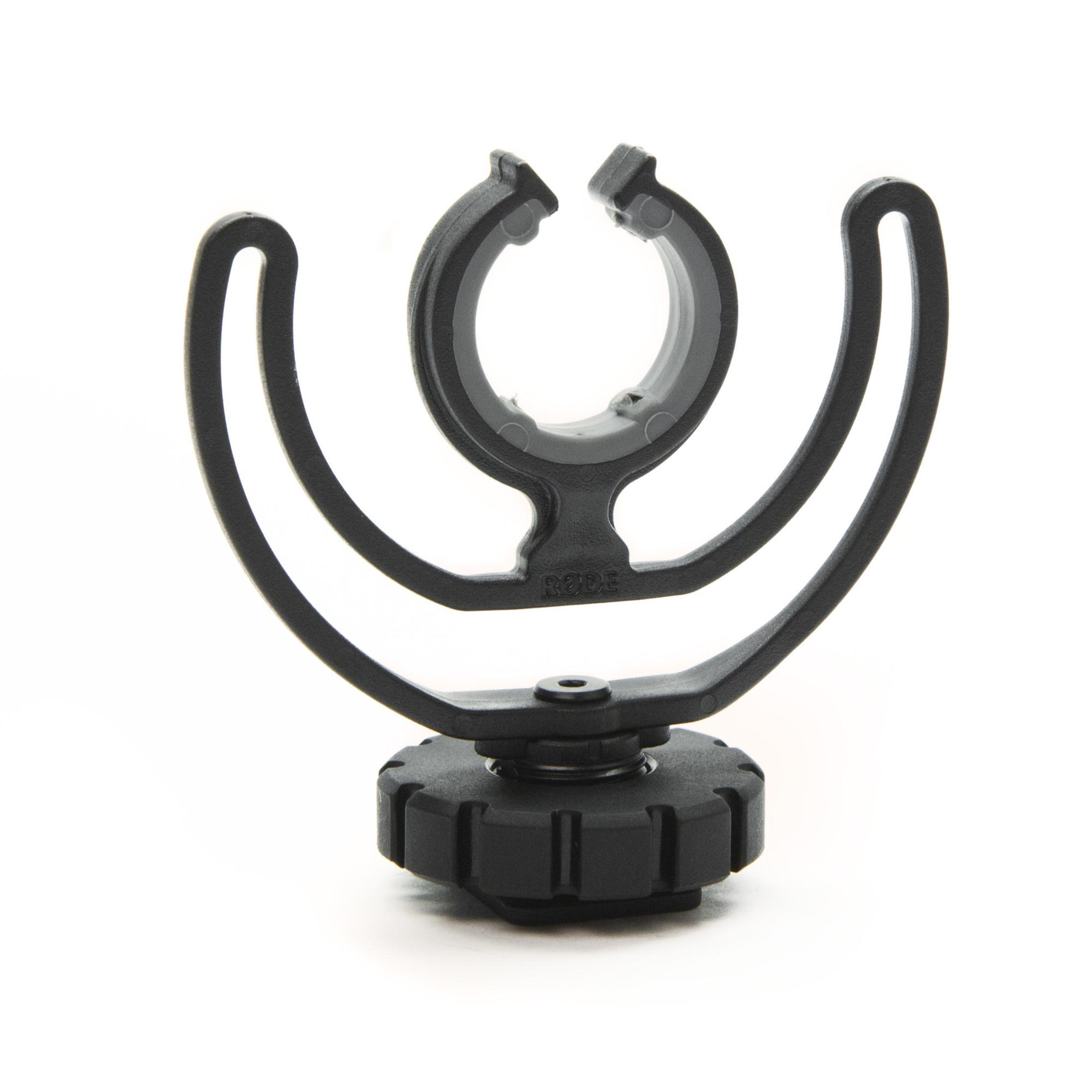 Soporte de choque para micrófono negro. Fondo blanco.