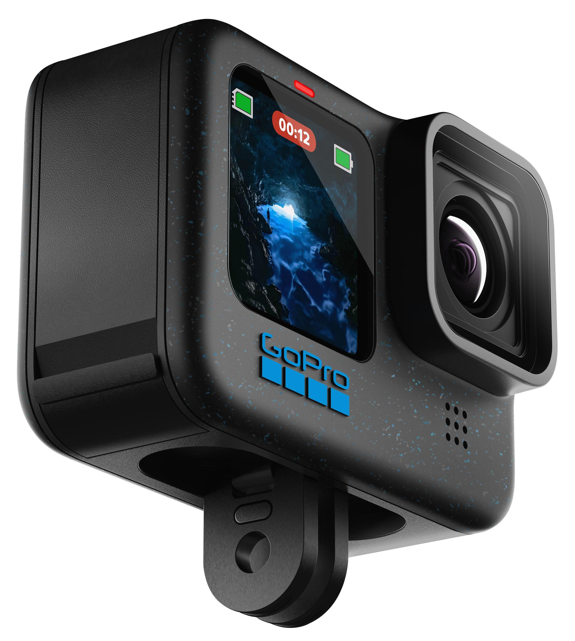 Schwarze GoPro-Kamera. Der Bildschirm zeigt eine blaue Unterwasserszene. Das GoPro-Logo ist sichtbar.