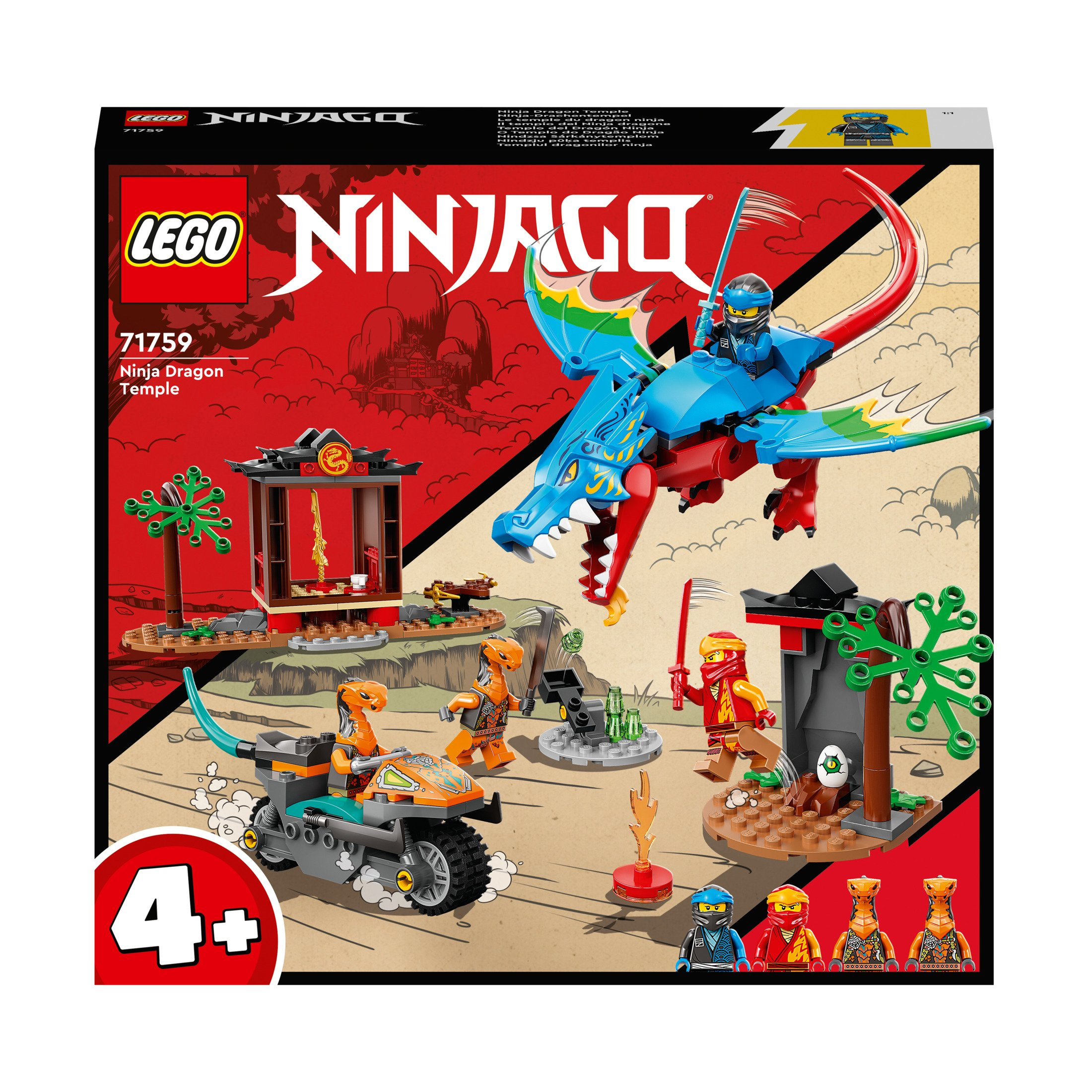 Eine LEGO Ninjago Set-Box mit einem Drachen, Ninja-Figuren und Tempel-Elementen.