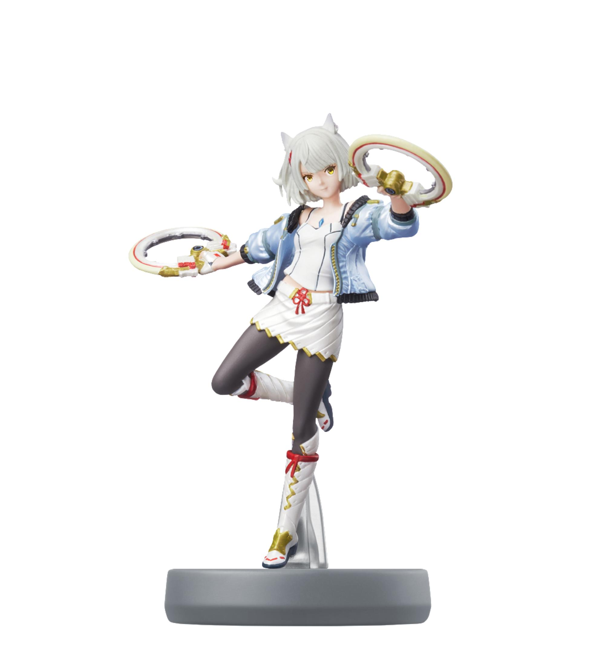 Anime-Figur eines Mädchens mit weißen Haaren, das Ringe hält, eine blaue Jacke und einen weißen Rock trägt.
